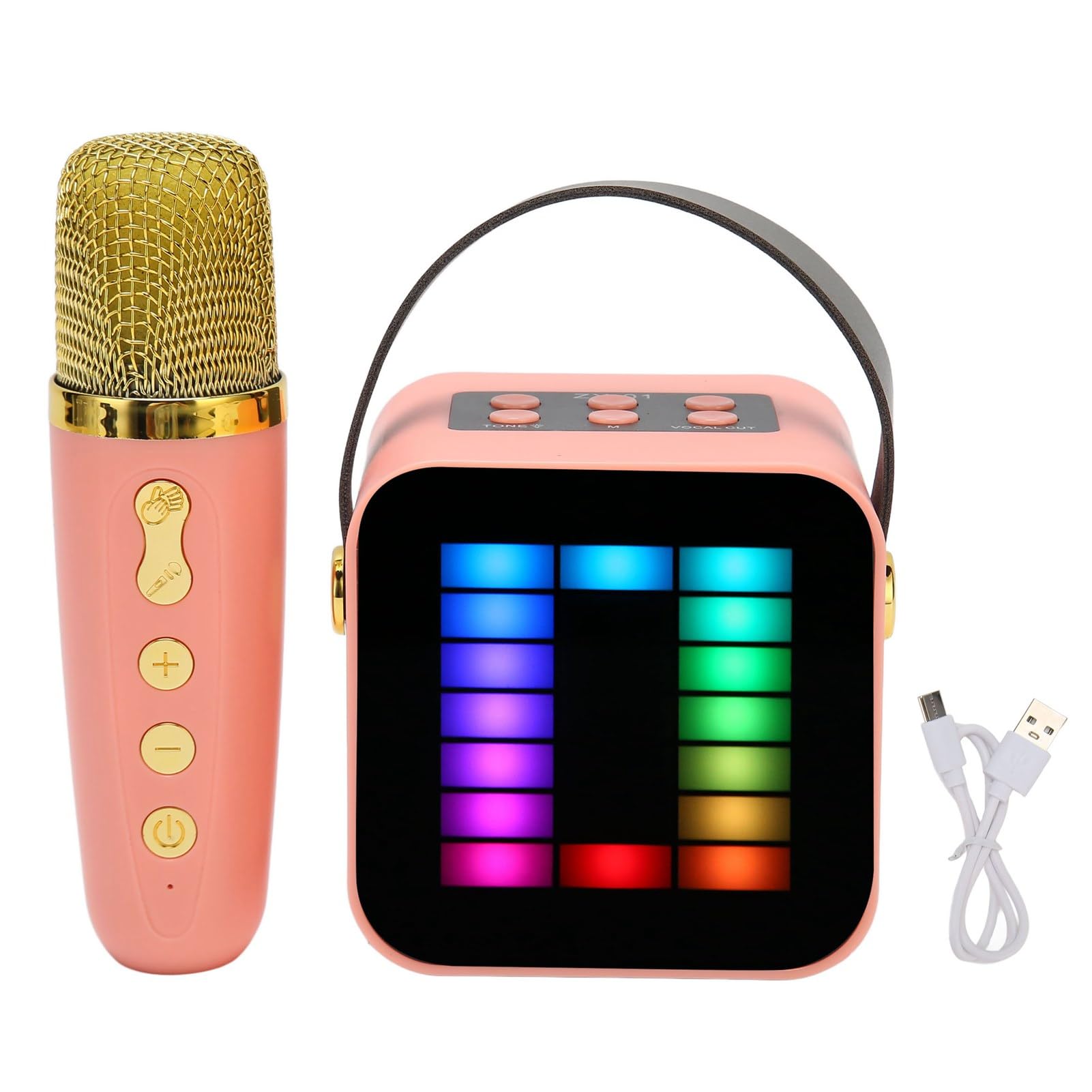 Mini zestaw do karaoke z przetwornikiem RGB Light Digital Processing Chip Ręczny przenośny głośnik Bluetooth z mikrofonem do rozrywki domowej na imprezę Plastikowa elektroni (Różowy)