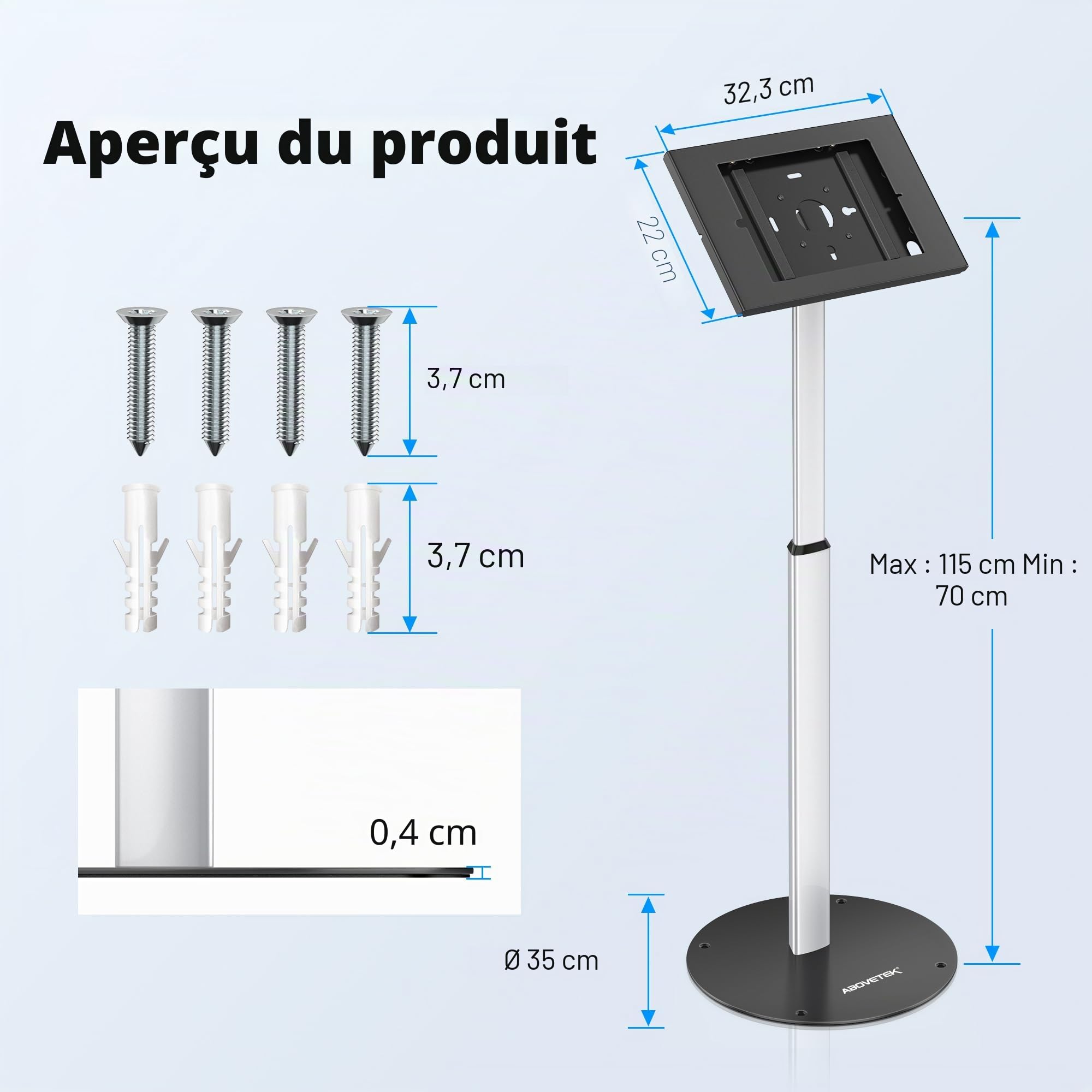AboveTEK Support de Sol Antivol pour iPad, Sécurité Robuste pour Tablette PDV sur Pied, Réglable en Hauteur avec Mécanisme de Verrouillage pour iPad Air/Pro