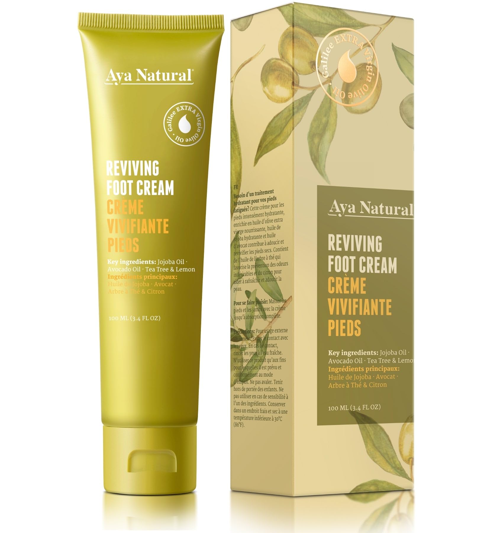 - Natural Foot Cream with Olive, Jojoba & Avocado Oils - Moisturizes and Refreshes Dry Feet - Fast-Absorbing, Non-Greasy Formula with Tea Tree & Lemon - 100ml / 3.4 fl oz