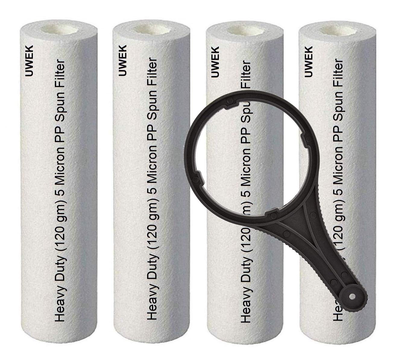 UWEK 5 Micron 10" inch PP Spun pre Filter, Heavy Duty 120 gm with Spanner (4+1) Suitable for RO Water Purifier (Pack of 5 item)