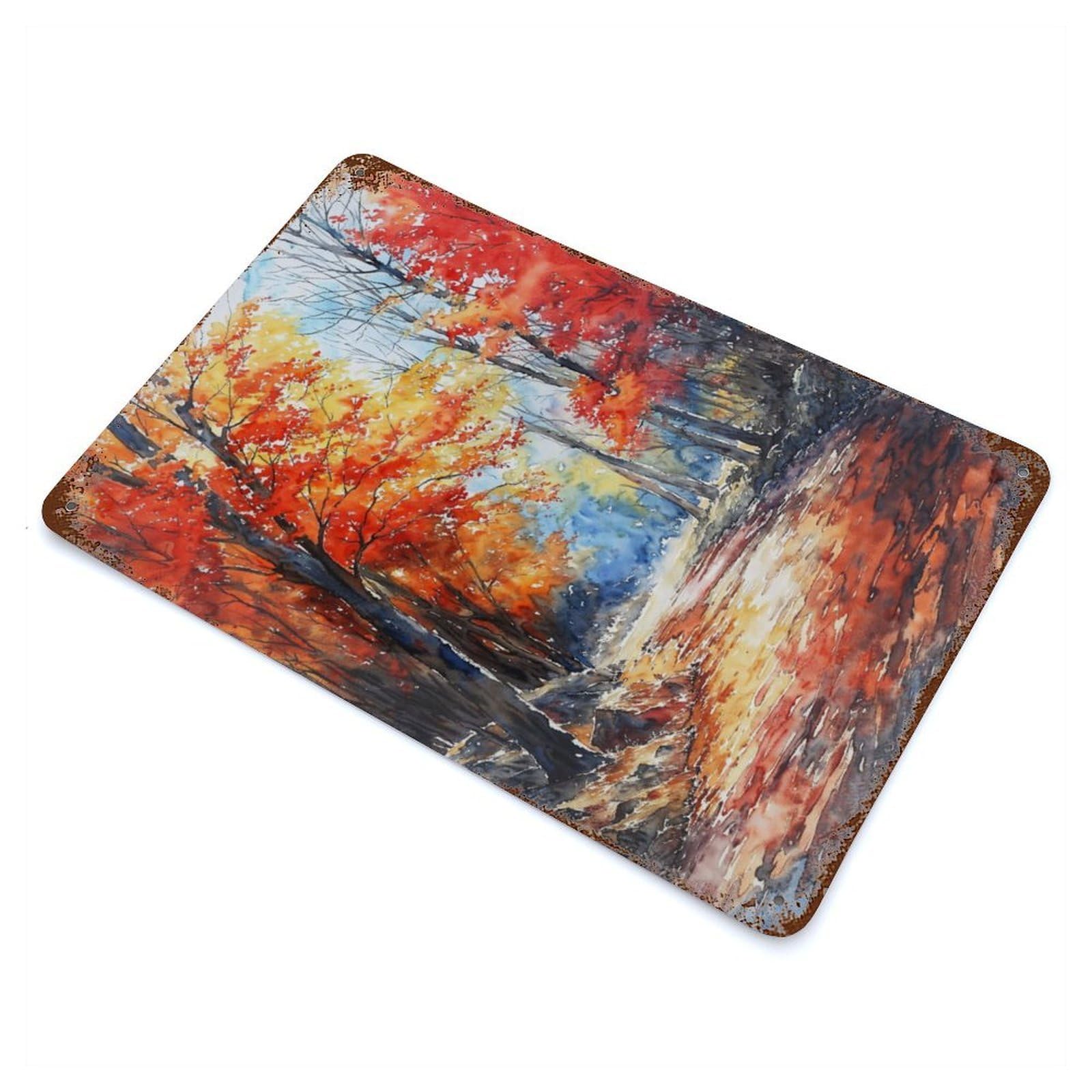 Crimson Autumn Creek Rustic Tin Plaque 11.8"x7.9", for Living Room, Hallway And Home Decor, Decorative Metal Wall Art