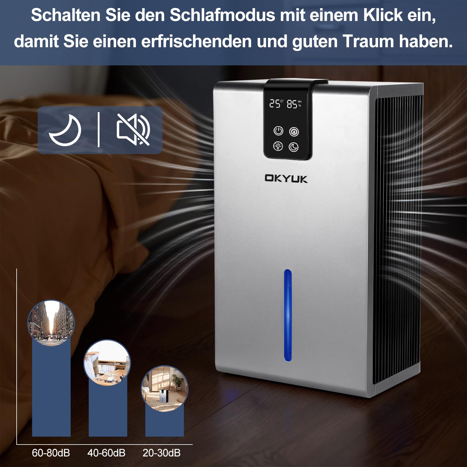 Elektryczny osuszacz powietrza 2700 ml, osuszacz powietrza do domu z automatycznym wyłączaniem, 7-kolorowe światło LED, idealny do kampera, łazienki, sypialni, piwnicy (kolor szary)