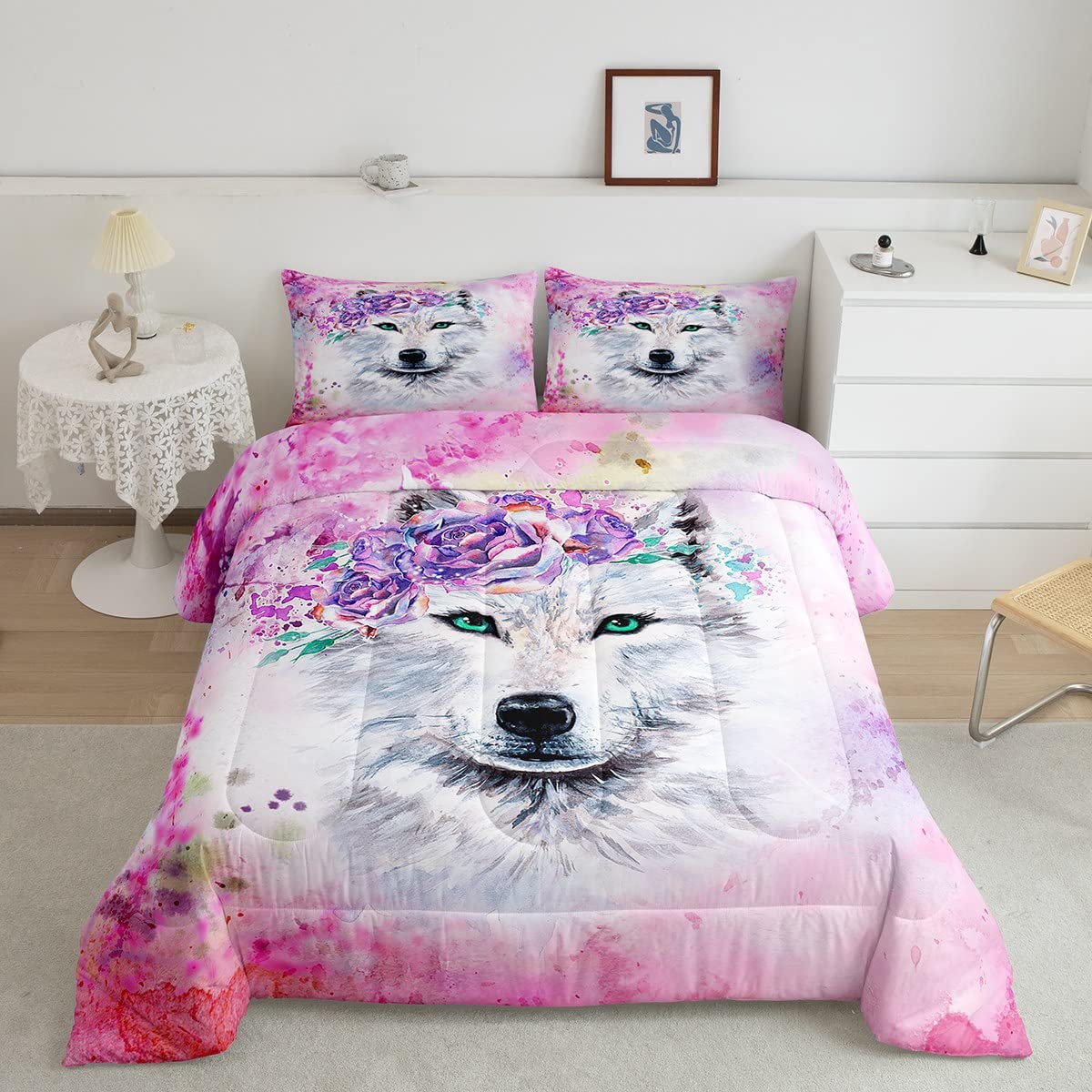 Feelyou Wolf Warm Comforter Tie Dye Pink Wolf Print Twin Size Bedding Set for Kids Boys Girls 3D White Wolf Animal Floral Decor Comforter Set Wildlife Quilt Set Bedroom Collection 2Pcs