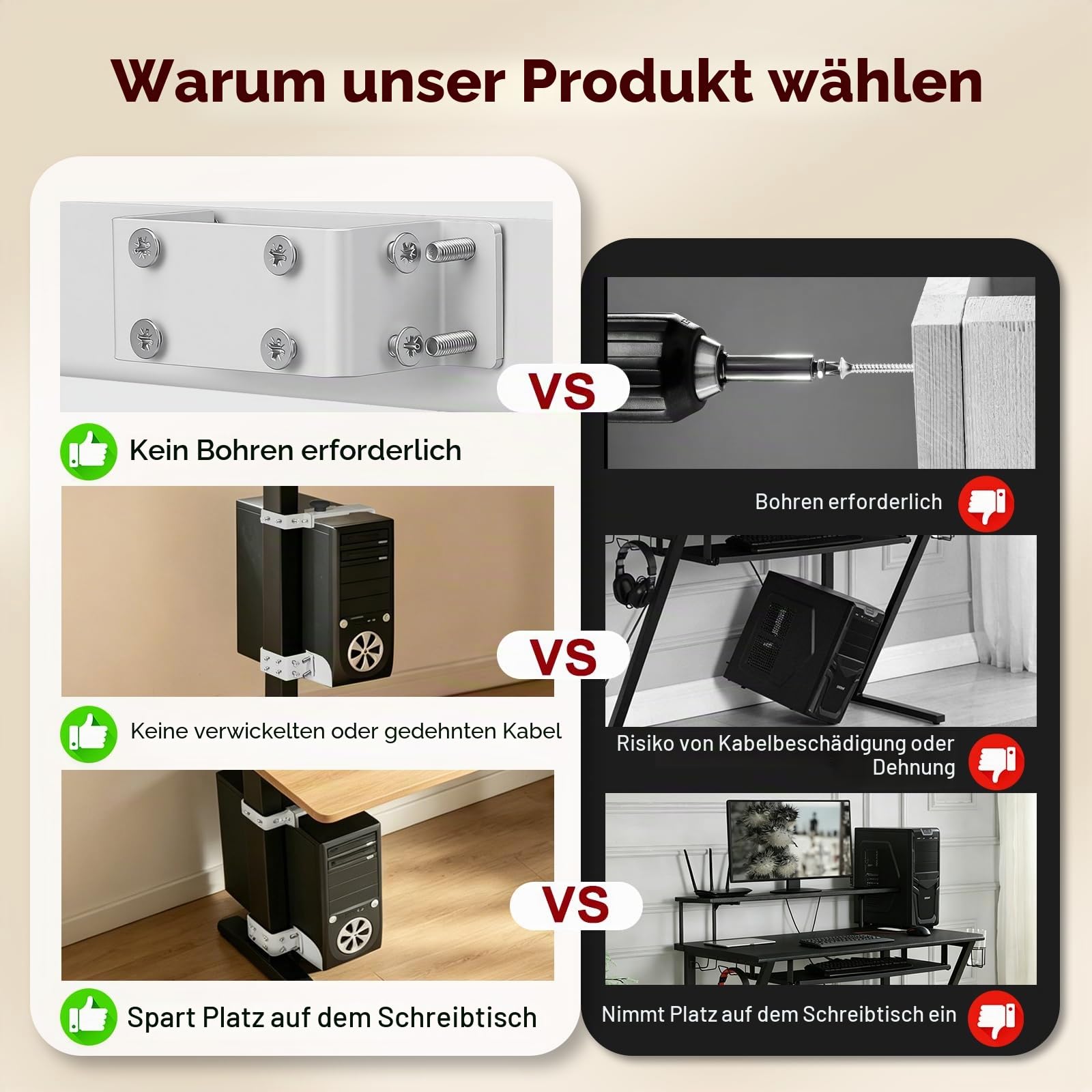 PC Halterung unter Schreibtisch, Verstellbare PC Tischhalterung Ohne Bohren, 20 kg Tragkraft, PC-Tower-Halterung Für Höhenverstellbare Schreibtische, Fits Desk Leg: 65-80mm(D) x 40-50mm(W), Weiß