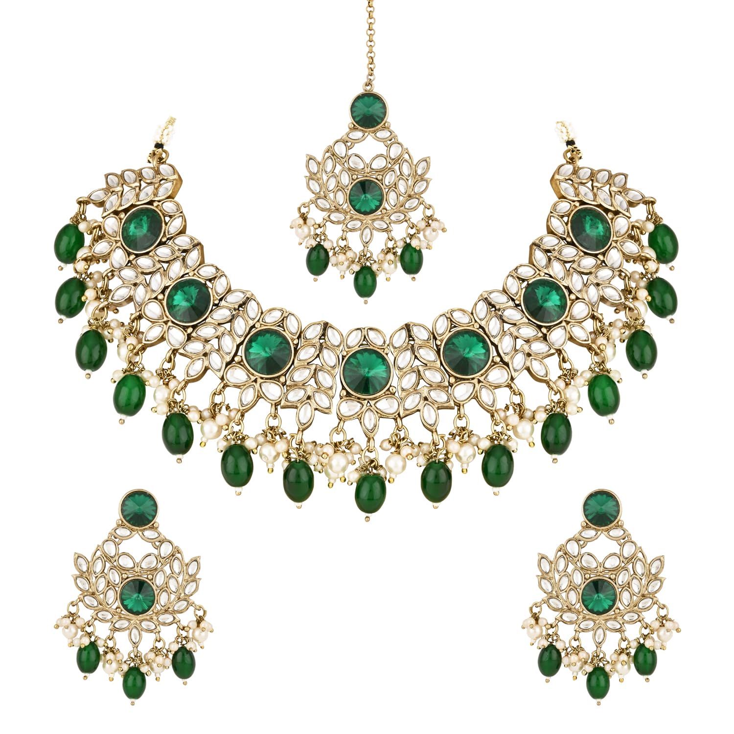 I Jewels Gold Plated Traditional Kundan Pearl Drop Bridal Choker Necklace With Chandbali Earrings & Maang Tikka Jewellery Set For Women/Girls (Green) (B0D1QXP75B) Amazon Price History, Amazon Price Tracker