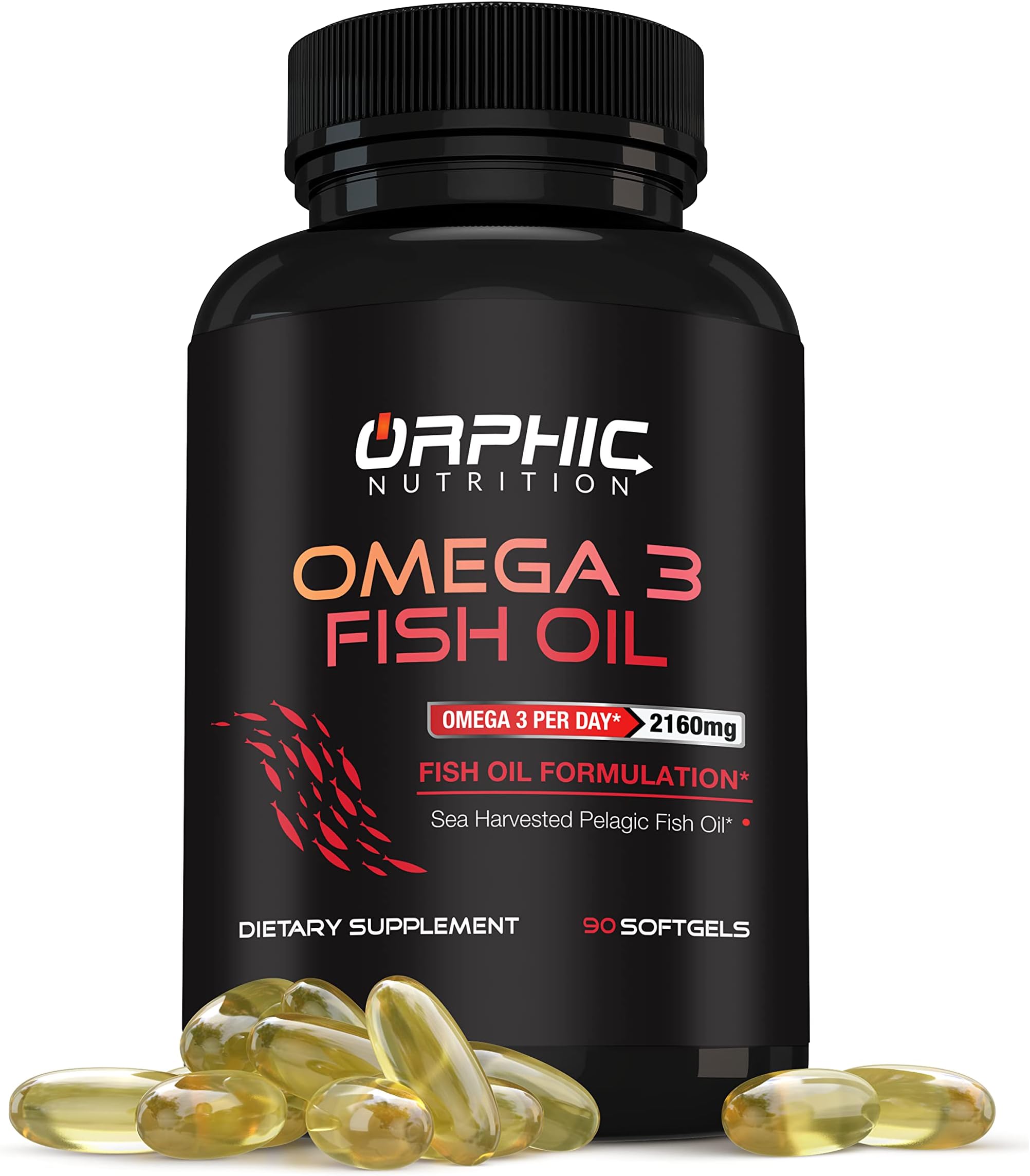 Orphic Nutrition Omega 3 Fish Oil Supplements Max Potency Burpless Lemon Flavored Capsules 3600mg - Essential Fatty Acids Supplement for Heart, Joint Health - 90 Softgels