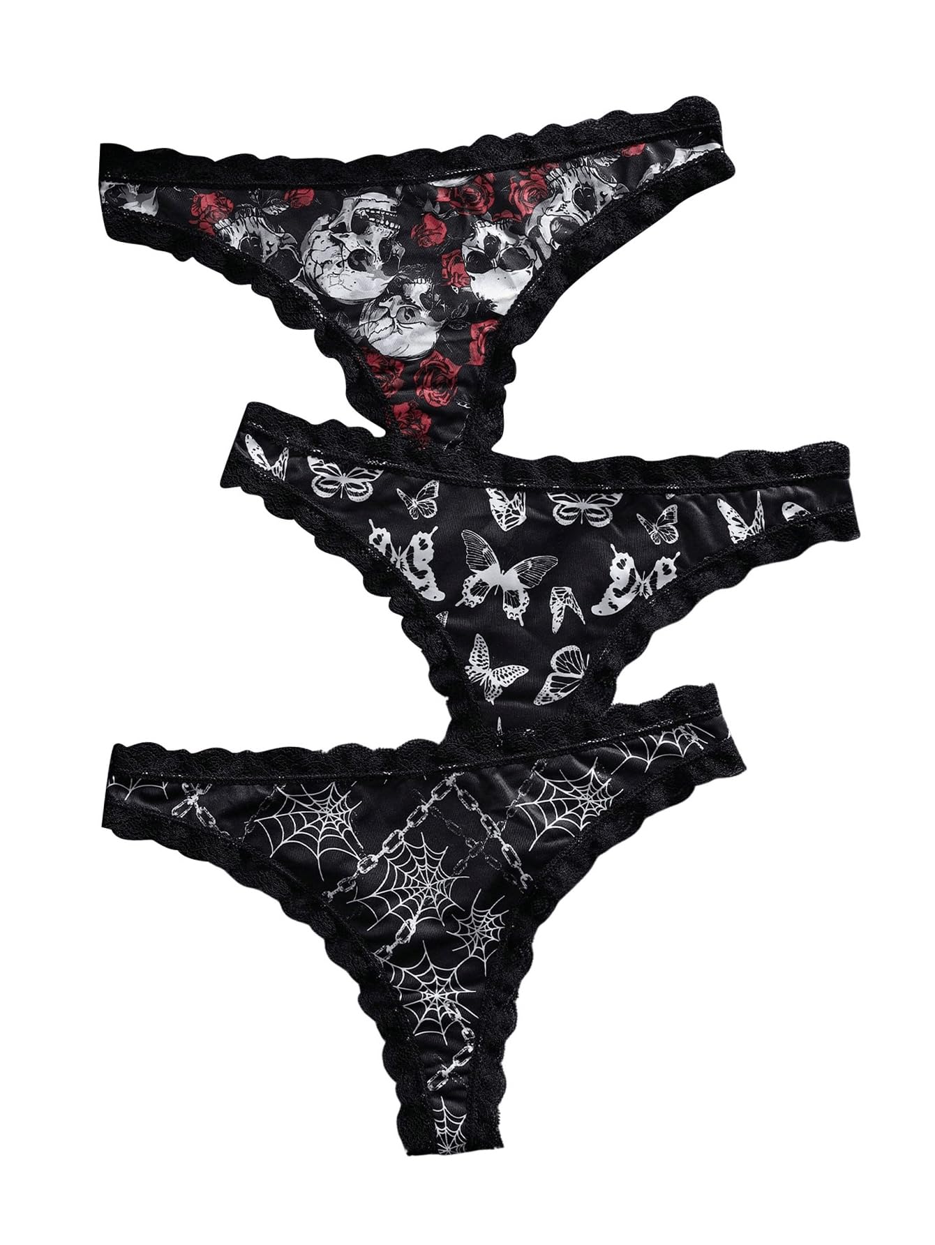 SOLY HUX Women's Gothic Lace Trim Thongs 3 Packs Funny Printed Panties Sexy Underwear: Small Black Printed