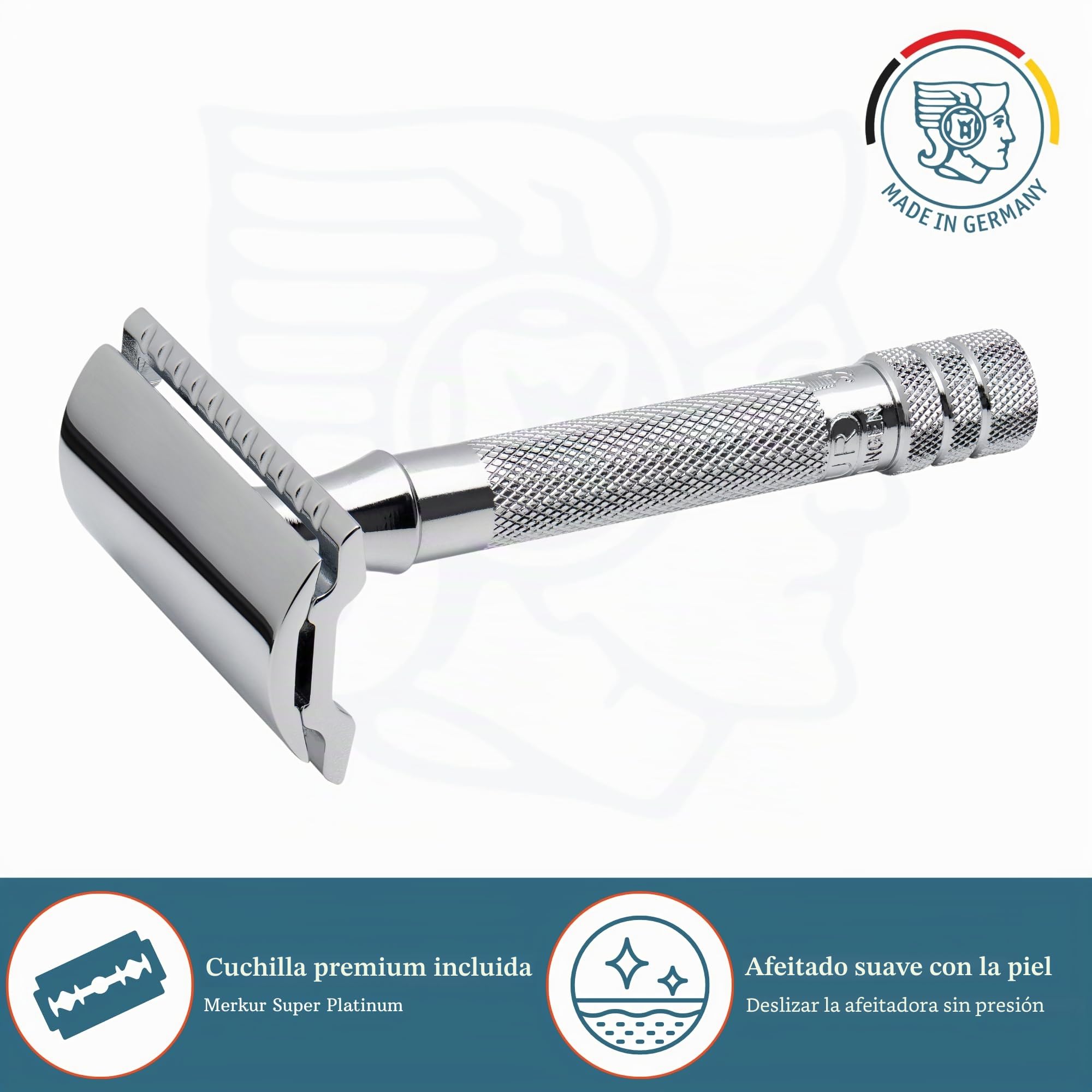 MERKUR Maquinilla de afeitar clásica cromada brillante 33C, de tres piezas con corte recto, peine cerrado, ideal para afeitado en húmedo, zinc fundido a presión, mango de latón, fabricado en Alemania