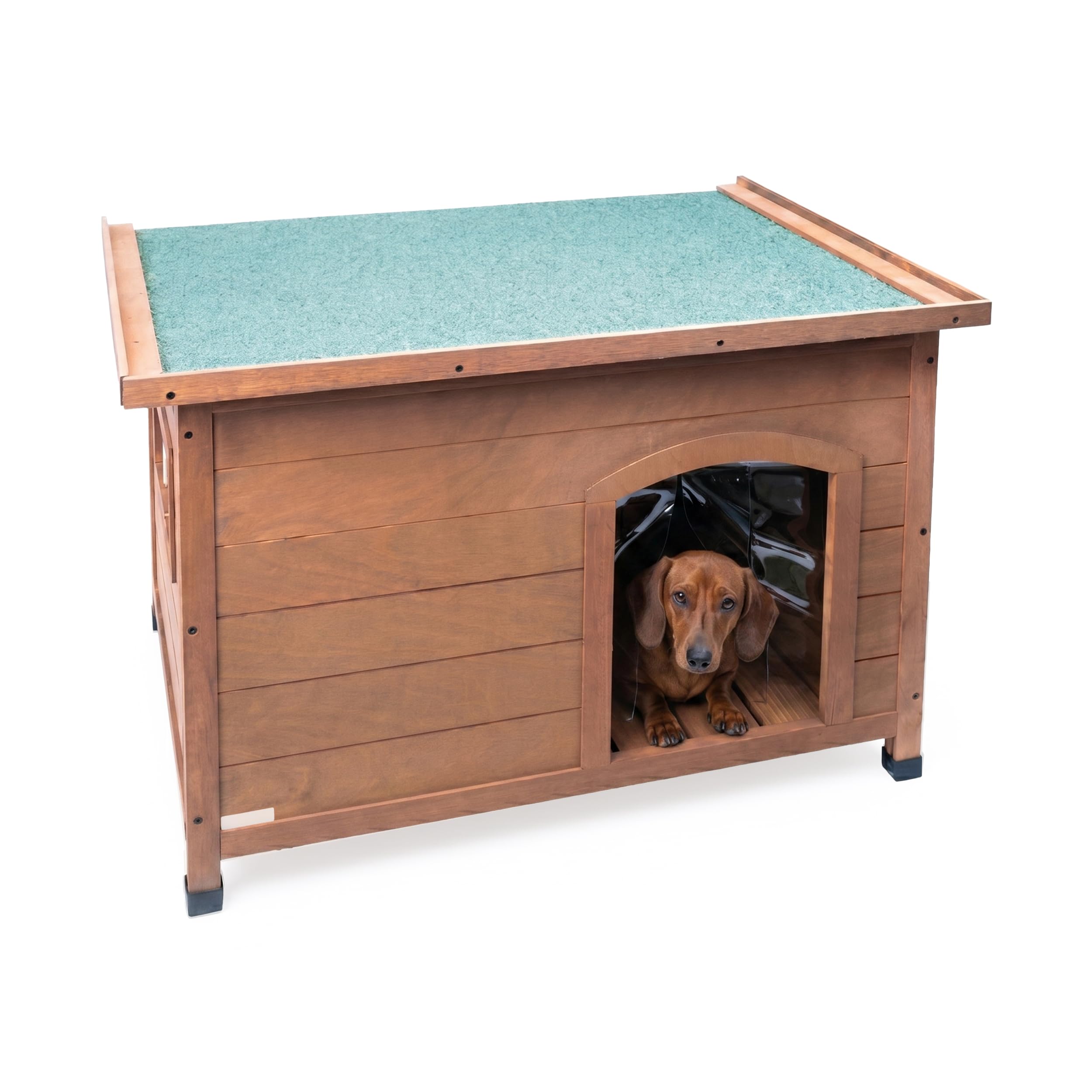 Aqpet Friends - Caseta de Madera de Exterior para Perros con Techo abatible y Cortinas térmicas Incluidas, tamaño pequeño, 85 x 60 x 58 cm