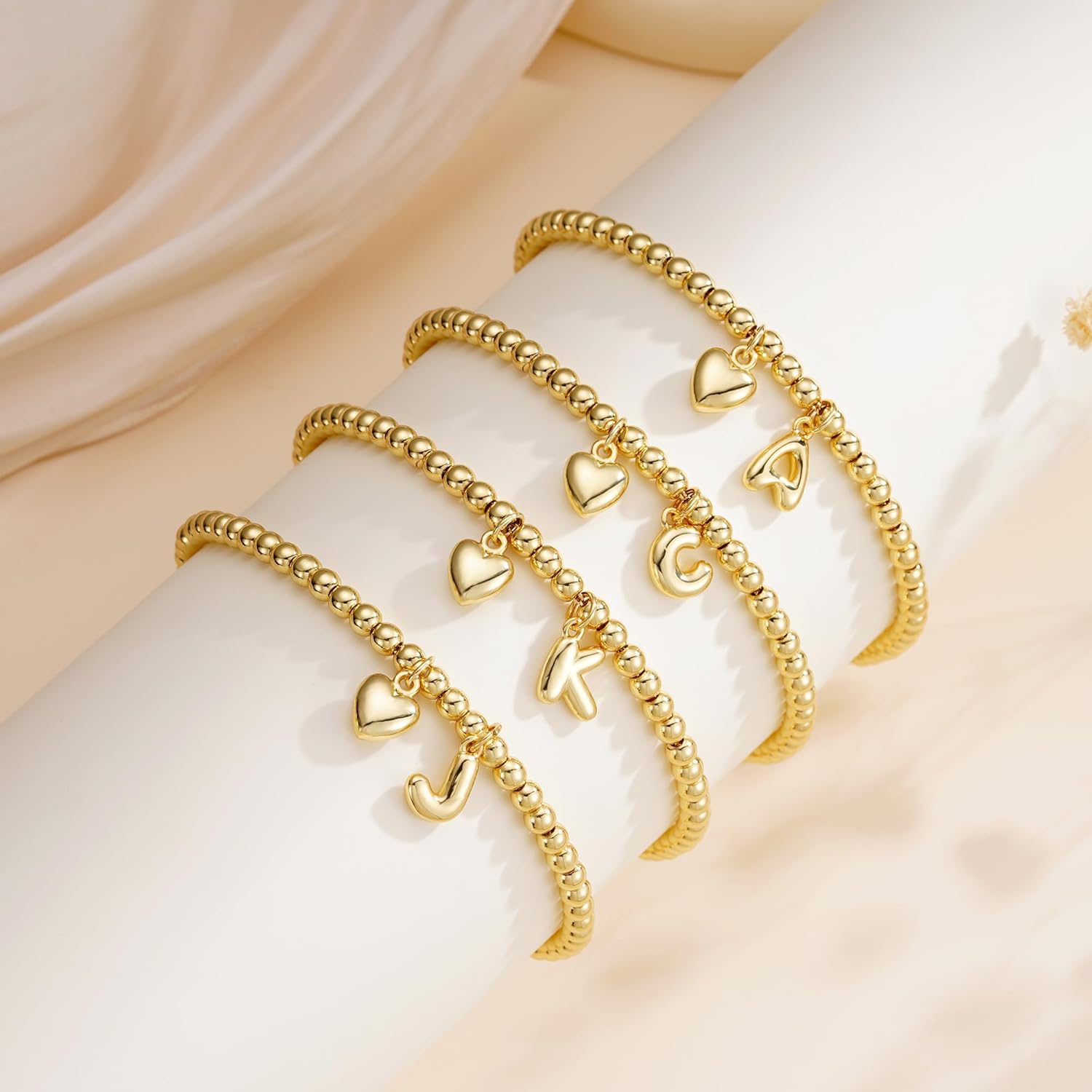 Gold Initial Bracelets for Women - Dainty Gold Beaded Bracelets for Women 14K Gold Plated Heart Initial Bracelets Balloon Letter A-Z Charm Bracelets Personalized Jewelry - Image 5