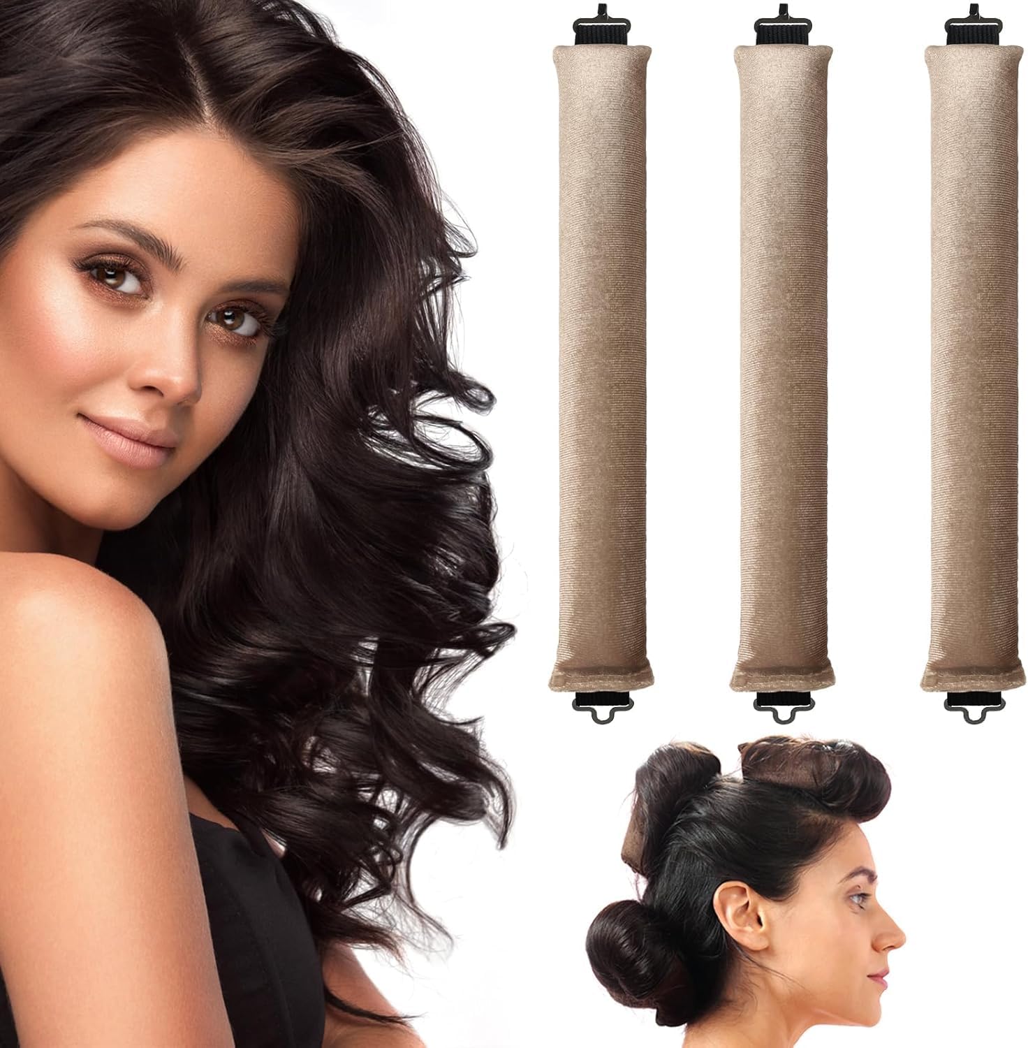 JAONLD Heatless Curler 3 stuks krultang zonder hitte krullen haar zonder hitte heatless haarkruller zonder hitte met haken, geschikt voor alle haartypes (kaki)