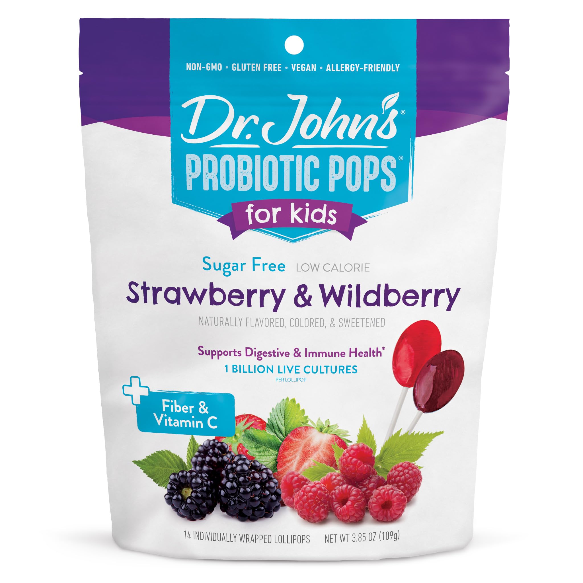 Dr. John's Healthy Sweets Probiotic Pops for Kids Strawberry & Wildberry with Zero Sugar, Dye-Free, Plant Based, Keto Friendly, 14 Count. 3.85oz Bag