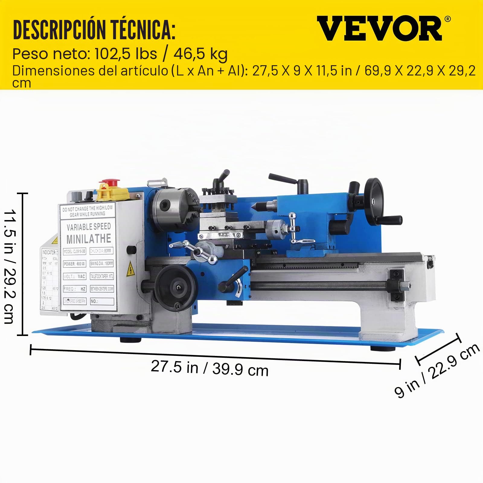 BestEquip Mini Torno de Metal 180mm x 350mm, Velocidad Variable 50-2250 RPM 550W Engranaje de Nylon, Mini Torno de Banco 0,75HP, Fresadora de Velocidad de Husillo Variable