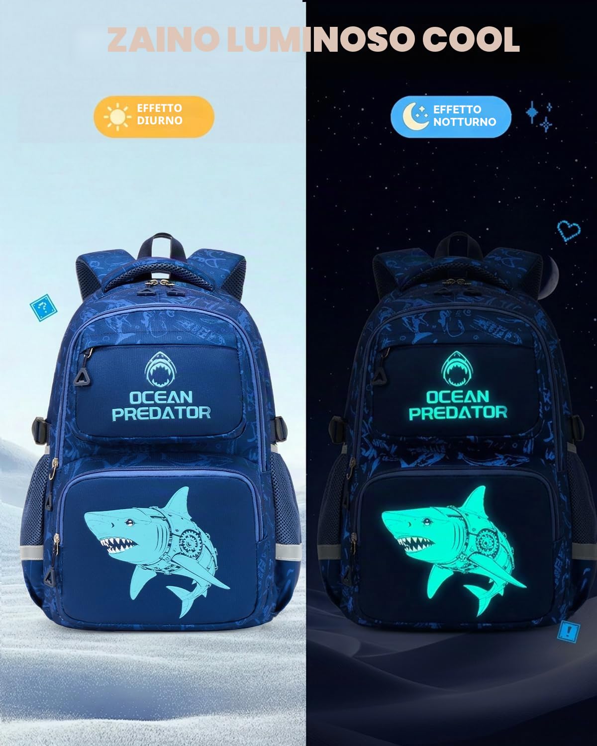 Amythe Zaino Scuola Ragazzi Classi da 1 a 4 Luminoso Leggero Moda, Squalo | Viaggio Riflettente Leggero Squalo Daypack Multitasche Capiente Resistente per Scuola Escursione Tempo Libero