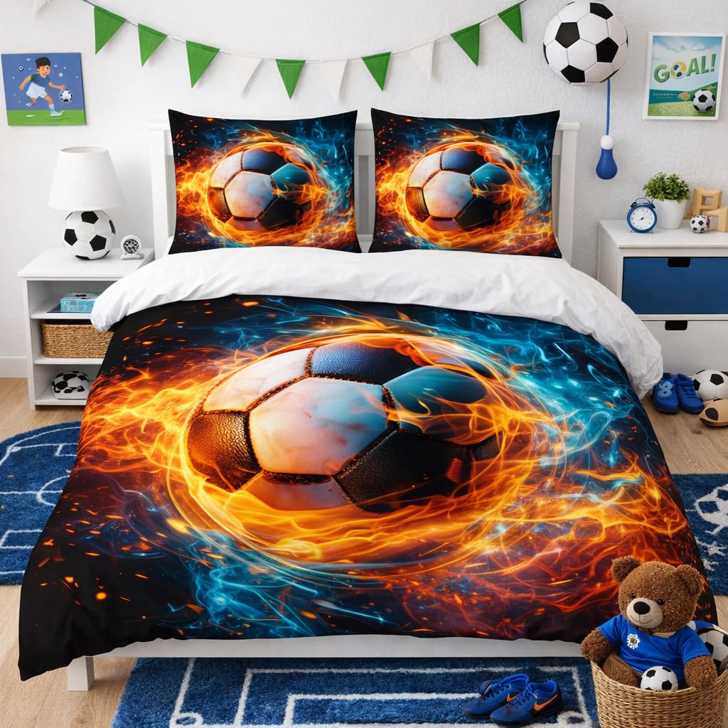 Adam Home 3D Digital Printed Football Duvet Cover Set With Pillowcases Home Bedroom Décor Microfiber Single Bedding Set Made in UK |Football on Fire