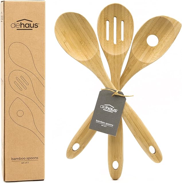Dehaus® Luxury Bamboo Wooden Spoon Set of 3, Premium Wood Kitchen Utensils, Large Slotted & Pointed Spoons Utensil Sets, Eco Friendly Cooking Tools for Non Stick Pan or Wok, 32cm x 6.5 cm Approx