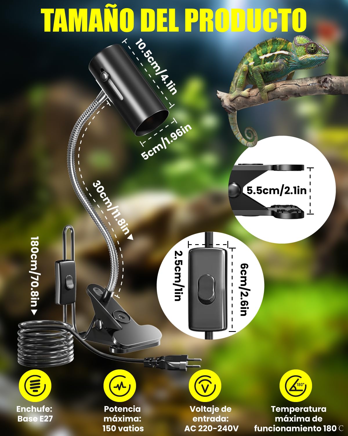 Terrario Reptiles Lámpara para Tortuga de Calor Lámpara para Terrario 50W UVA/UVB con Clip Ajustable E27 Portalámpara Base para Tortuga, Lagartos, Araña, Camaleon, Anfibios (2 Bombillas)