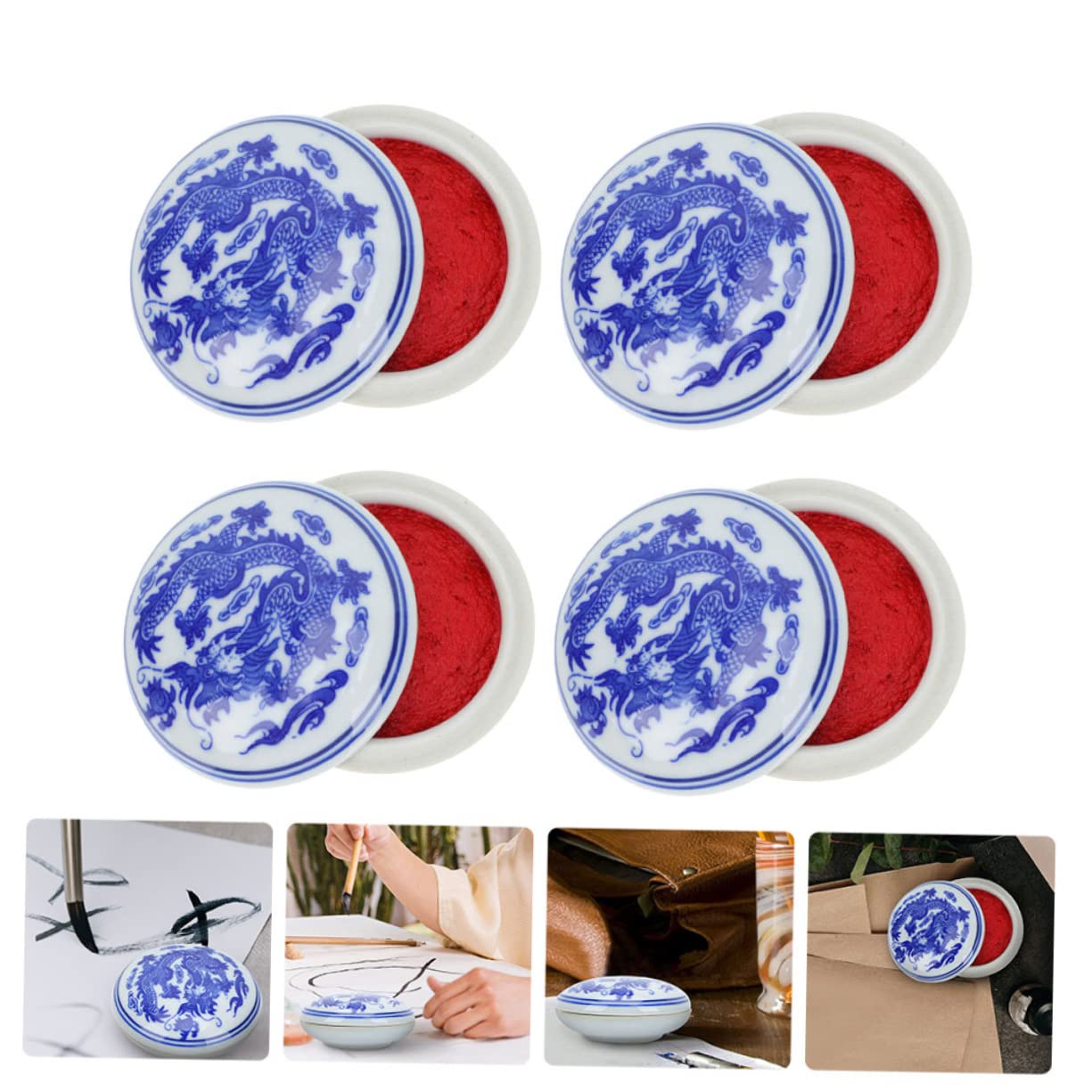 STOBOK Tampone di Inchiostro Cinese in Ceramica Rosso, 4 Pezzi, Riutilizzabile, Facile da Pulire, per Calligrafia e Pittura, Studenti