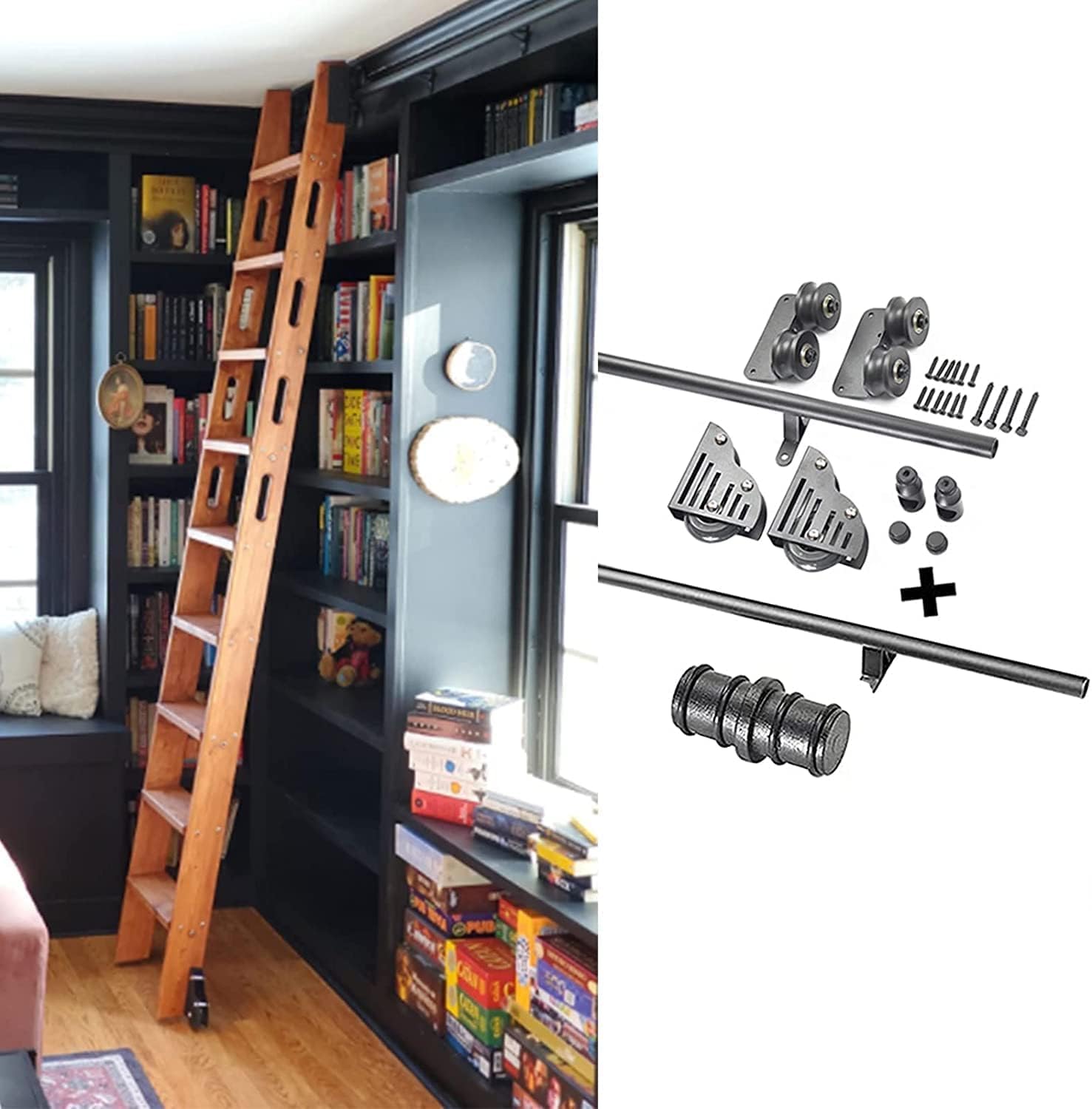 DFGHNBVC 3.3-25Ft Rolling Ladder Hardware Library Sliding, Sliding Barn Door Kit Sliding Ladder Library Complete Hardware Rolling Rail Kit, Steel Round Tube Escalator Rails,13Ft/400Cm Track Kit