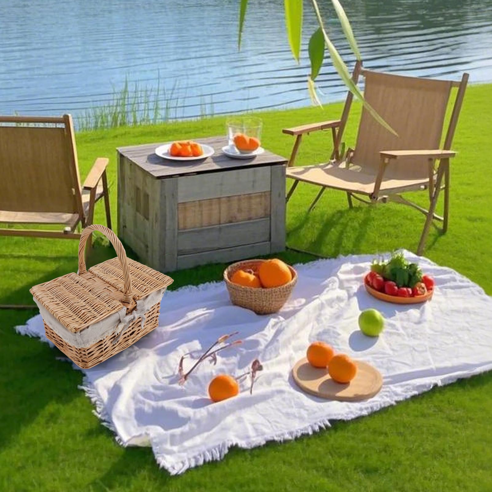 Cesta de picnic de mimbre grande con tapa, 30 x 20 x 15 cm, plegable, cesta tejida a mano con asa, cesta de la compra de mimbre, cesta vacía de regalo para frutas, dulces, vino,