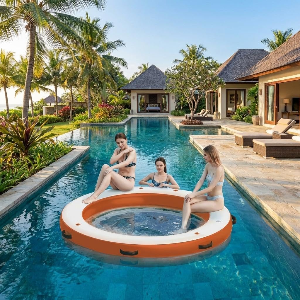 8FT Aufblasbarer Rund-Schwimmsteg Mit 6FT Hängematte, Schwerlast PVC, rutschfeste Oberfläche, 4-7 Erwachsene, Perfekt Für Familien & Wasserpartys, Weiß Orange