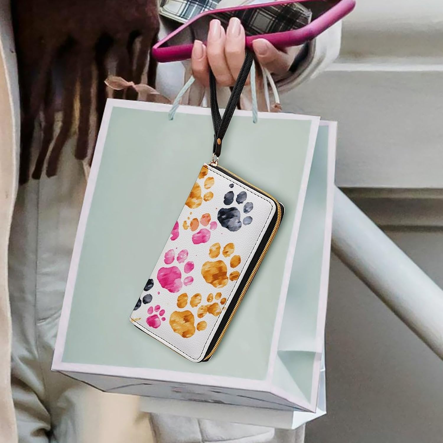 Womens Wallet Colorful Dog Paws Printed Wristlet Wallets for Women Large Capacity Credit Card Holder Ladies Phone Clutch Leather Zip Around Clutch Wallet