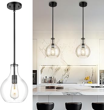 Emak 8 Inch Pendant Lights Kitchen Island, Modern Black Pendant Light with Clear Glass Shade, Farmhouse Hanging Light Fixture for Kitchen, Bathroom, Hallway, Dining Room, PL125-BK