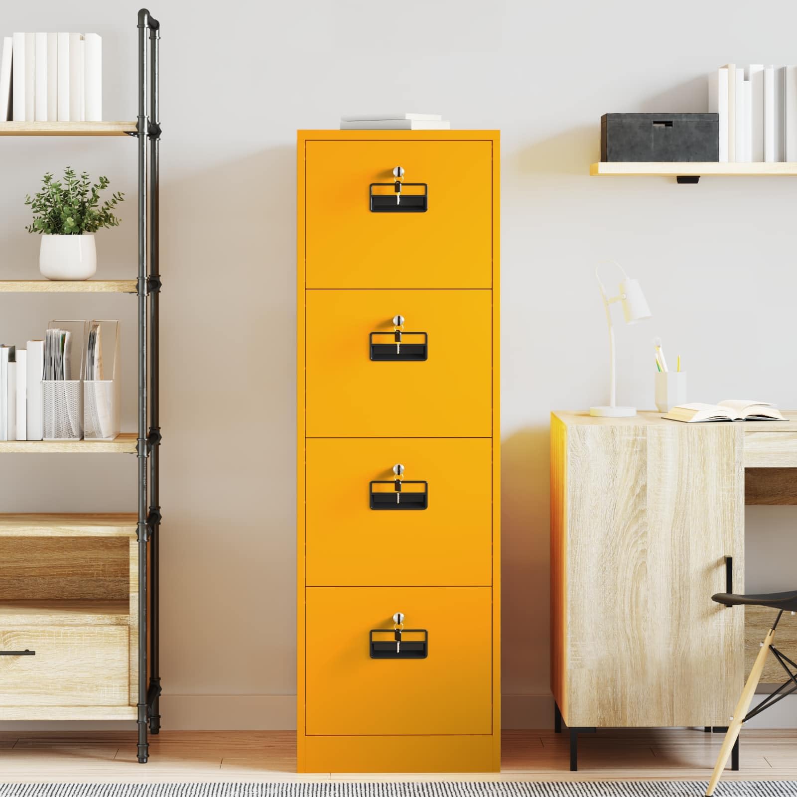 Armadietto moderno con cassetti, 2 pezzi, giallo senape, 44 x 50 x 106,5 cm, mobili da ufficio in acciaio freddo con serrature a cilindro e scaffali estraibili per professionisti