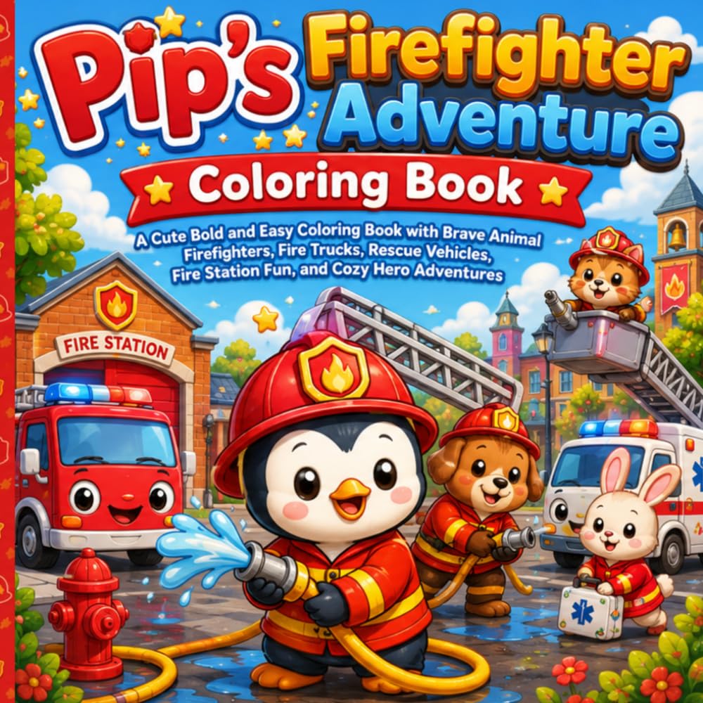 Pip’s Firefighter Adventure Coloring Book: A Cute Bold and Easy Coloring Book with Brave Animal Firefighters, Fire Trucks, Rescue Vehicles, Fire ... Adventures (Pip's Cozy Coloring Adventures)