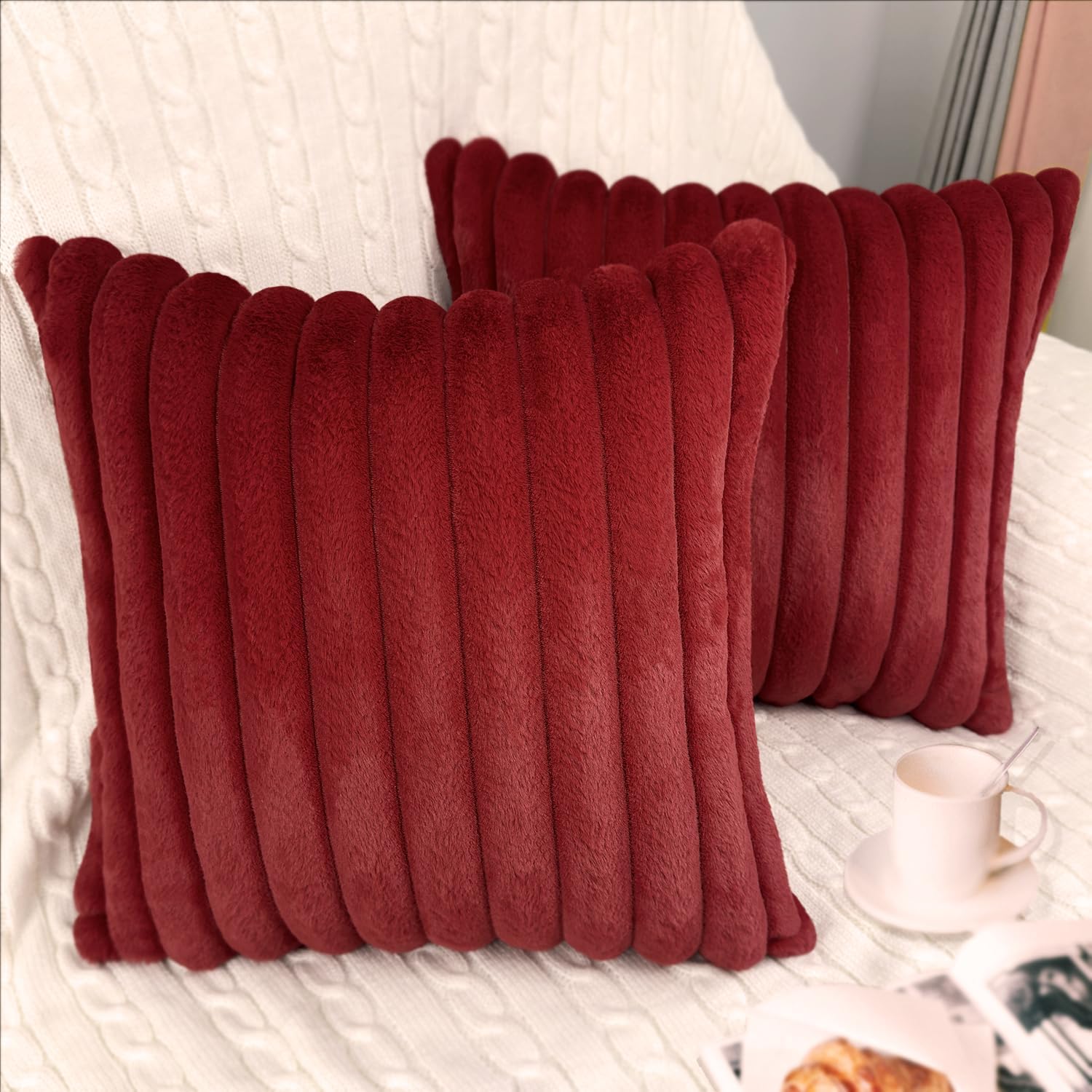 2 Pack Pillow Covers, 20x20 Faux Fur Square Throw Pillow Covers for Living Room Decorations Throw Pillow Case, Throw Pillow Cover Cushion Cover for Sofa Bedroom Car, Burgundy Red 20" x 20" (Pack of 2) Burgundy Red
