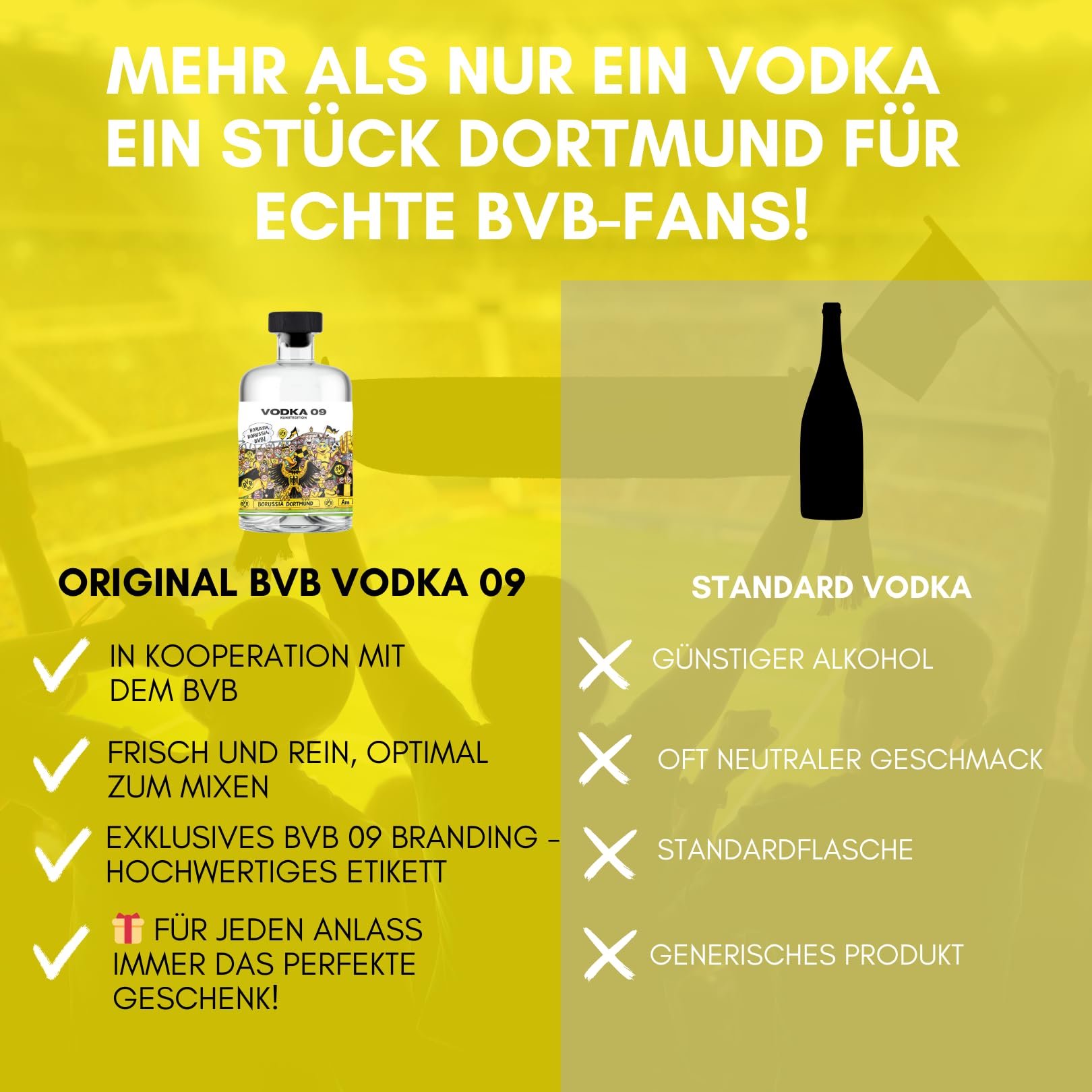 BVB Vodka 09 - Das Original | mit Geschenkverpackung | Fanartikel, Männer, Frauen, Weihnachten| Fußball, Hausbar | Geschenkidee für echte Borussia Dortmund Fans | 500ml Einzelflasche | 38% vol