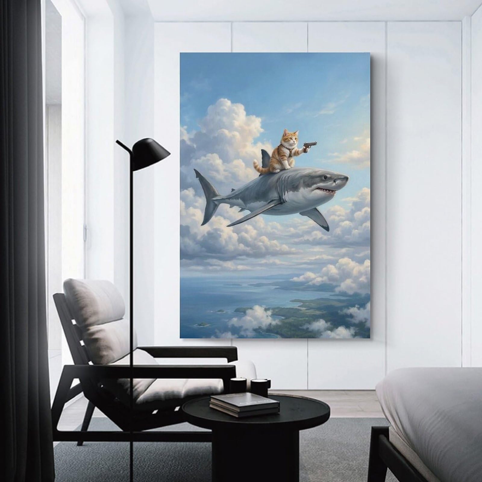 Junmoney Cat Riding A Shark in The Sky Wall Decor Canvas Print, 24x36inch(60x90cm), for Small Homes, Bedrooms Or Open Spaces, Wall Decor with Flexible Room Appeal