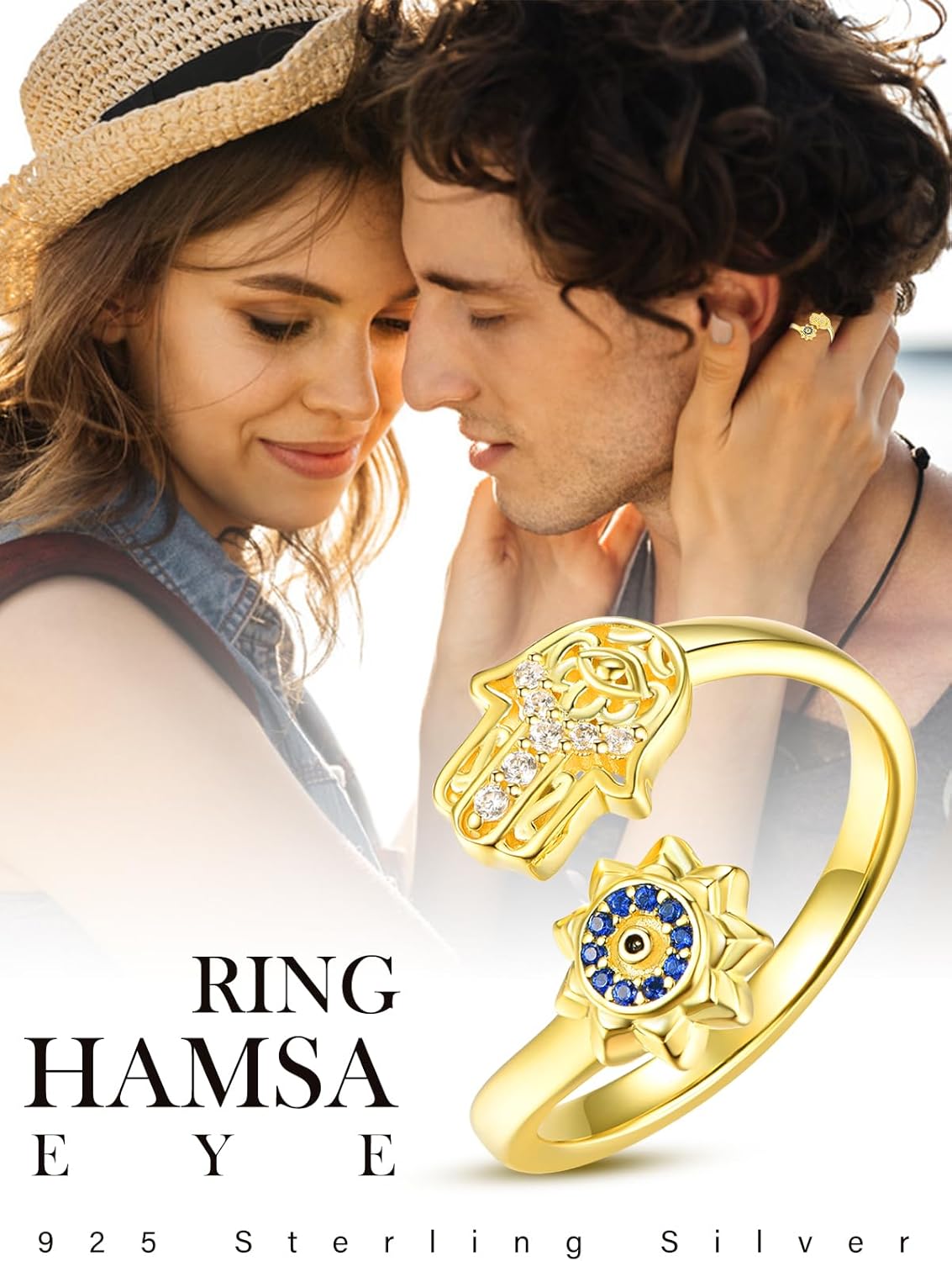 KINGWHYTE Evil Eye Hamsa Hand of Fatima Ring Gold Plated 925 Sterling Silver Adjustable Open Rings Good Luck Protection Jewelry Gifts for Women - Image 6