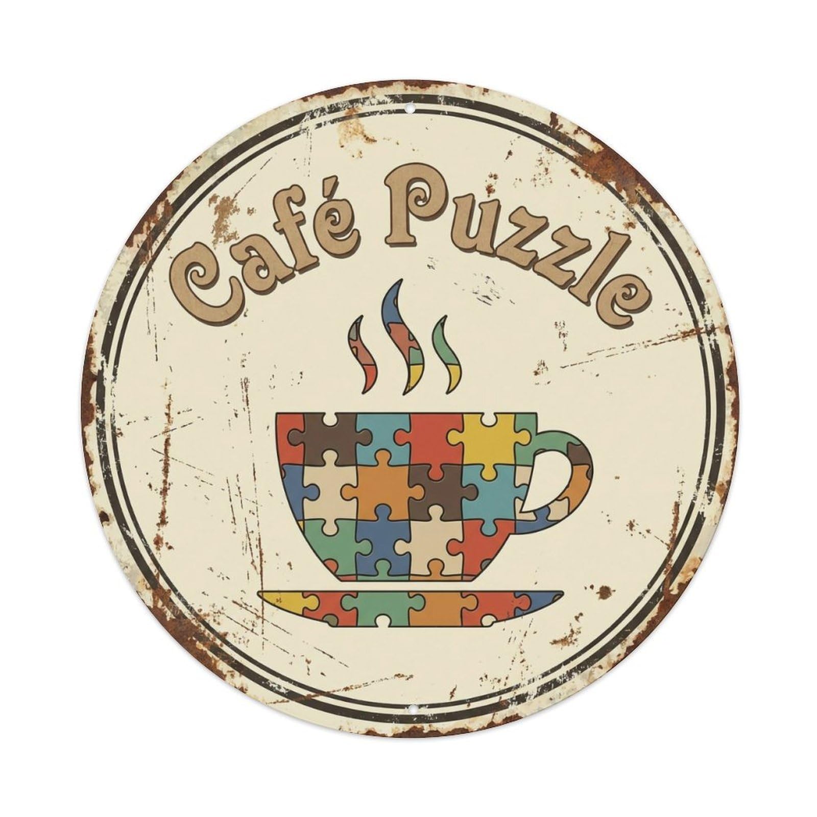 Puzzle Pieces Tavern Cafe Metal Tin Sign Plaque Wall Decor for Cafe, Club, Garden Round Metal Poster 8x8Inch
