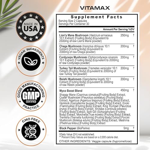 Miniatura 2 de Vitamax Seta de melena de leones, 3000 mg de cola de pavo 2000 mg Chaga y Reishi 1000 mg Cordyceps Shiitake White Elm King Trompeta Nameko Oyster