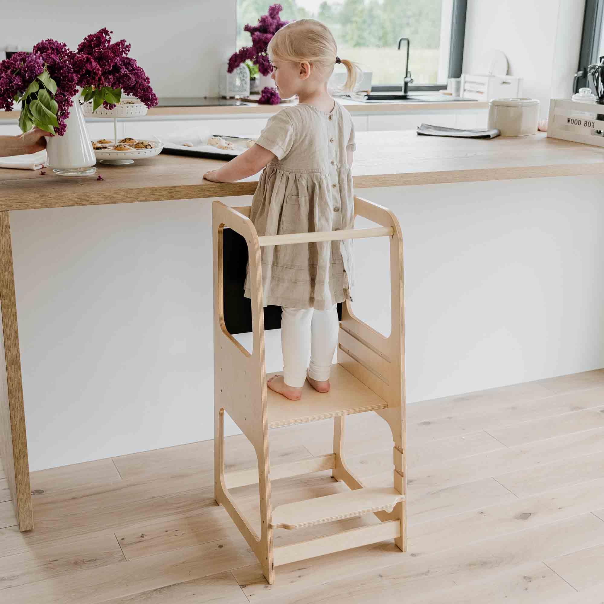 Torre apprendimento da cucina pieghevole per bambini 3 in 1, Sgabello montessori per bambini con lavagna Naturale