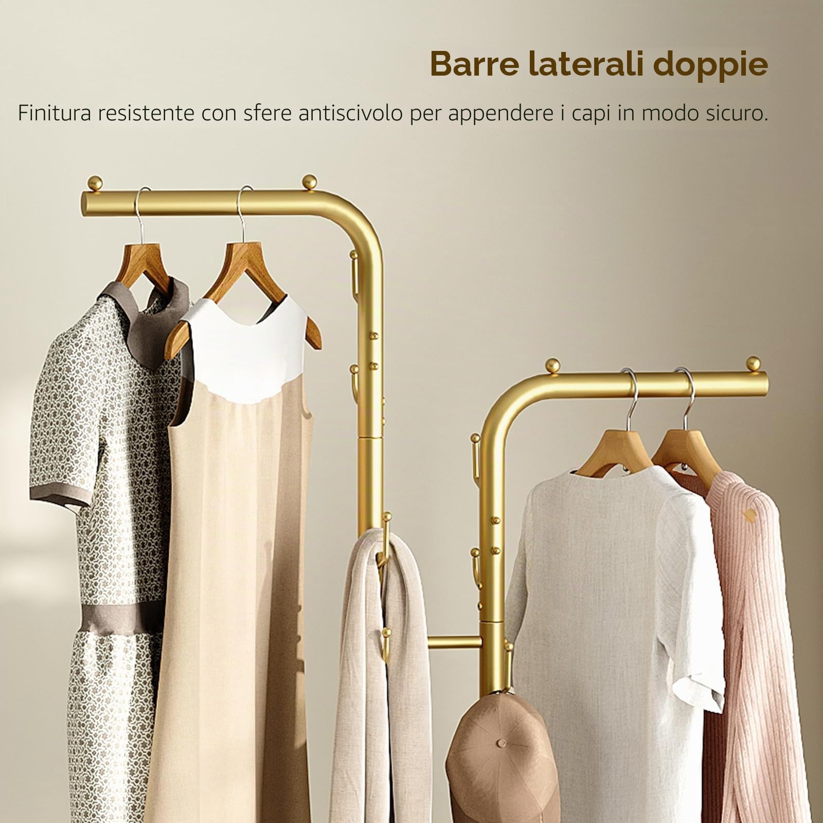 YATINEY Appendiabiti da Terra Doppio con 8 Ganci, Attaccapanni da Terra Oro con Base Effetto Marmo, Moderno Appendiabiti per Ingresso, Soggiorno, Camera da Letto, Spogliatoio XYM02DWY1