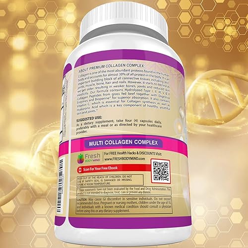 Miniatura 9 de FRESH HEALTHCARE Píldoras de colágeno múltiple con péptidos tipo I, II, III, V y X con vitamina C, ácido hialurónico, apoya la salud del cabello, la