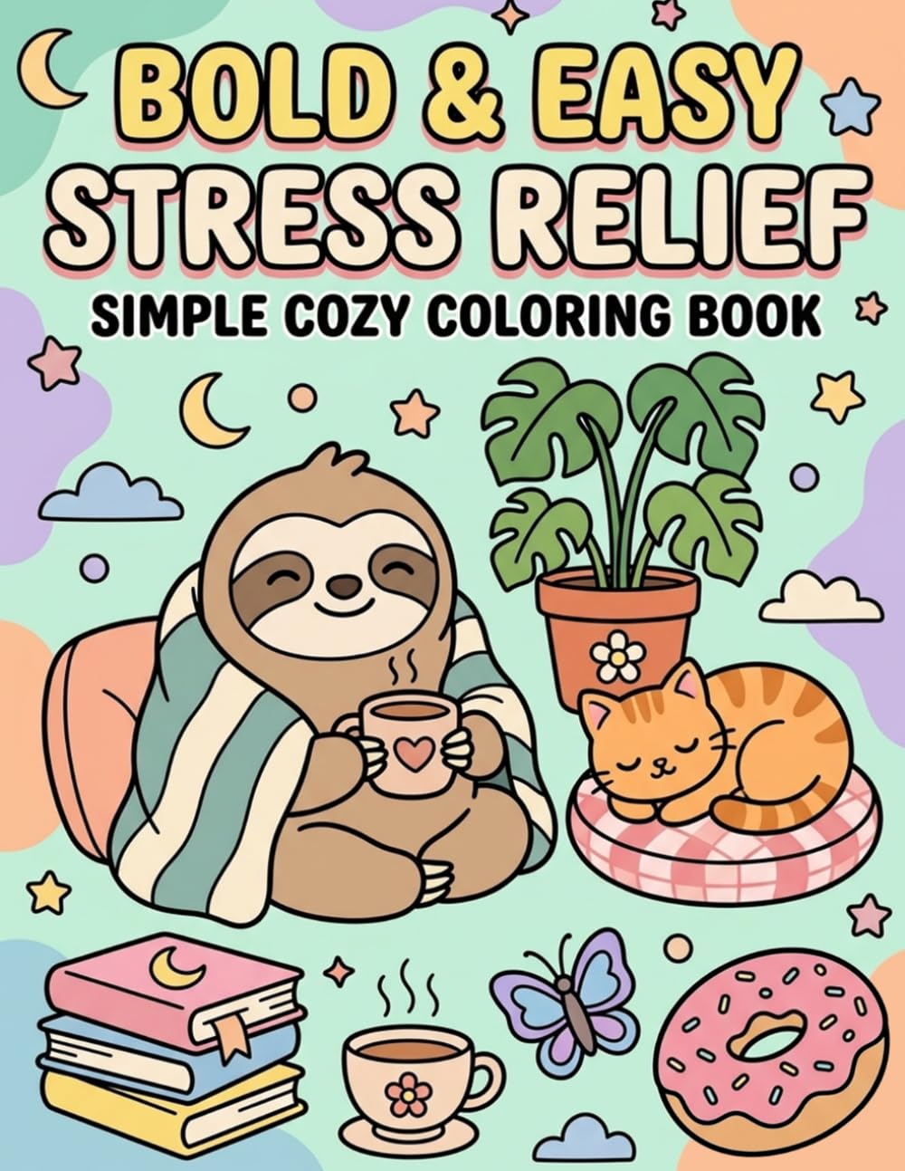 Bold & Easy Stress Relief: Simple Cozy Coloring Book: A Relaxing Escape Filled with Cute Animals, Comforting Moments, and Whimsical Delights