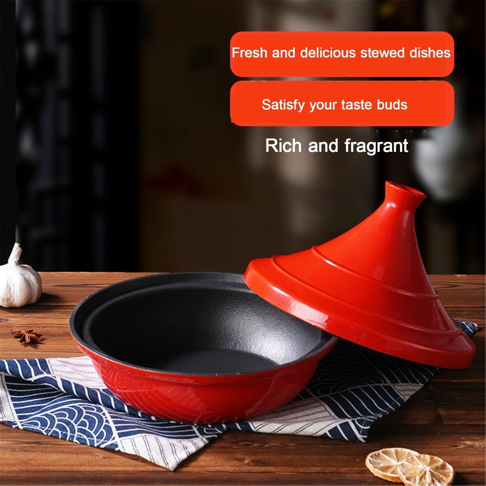 Gusseisen Emaille-Topf Tajine Topf Zum Kochen Tagine Marokko for Herd Und Backofen, Verbessert Den Geschmack for Restaurantqualität(Blau,28cm)