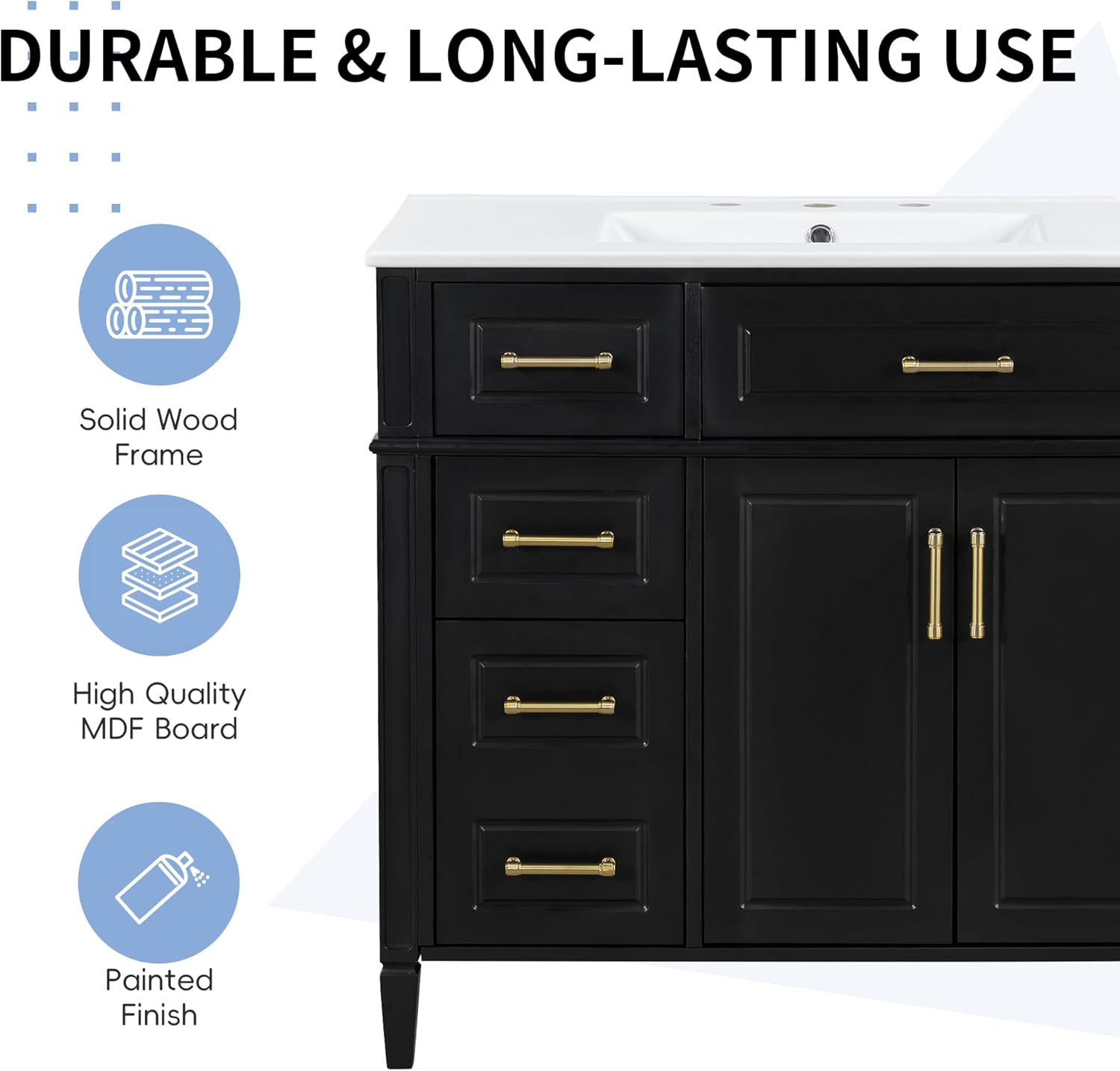 36 Inch Bathroom Vanity with Sink, Single Sink Vanity with 4 Drawers (1 Flip Drawer), 2 Doors & Adjustable Shelf, Pinewood+MDF Cabinet with Ceramic Basin, Gold Metal Handles, Soft-Close Hinges, Black