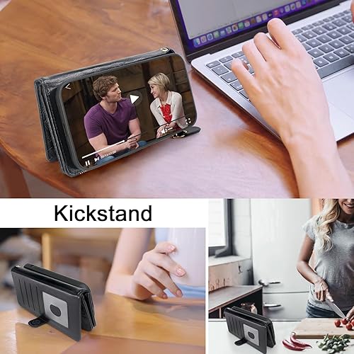 Miniatura 5 de Harryshell Funda de cuero desmontable con cremallera magnética con bolsillo para monedas, 12 ranuras para tarjetas, correa de muñeca para Samsung