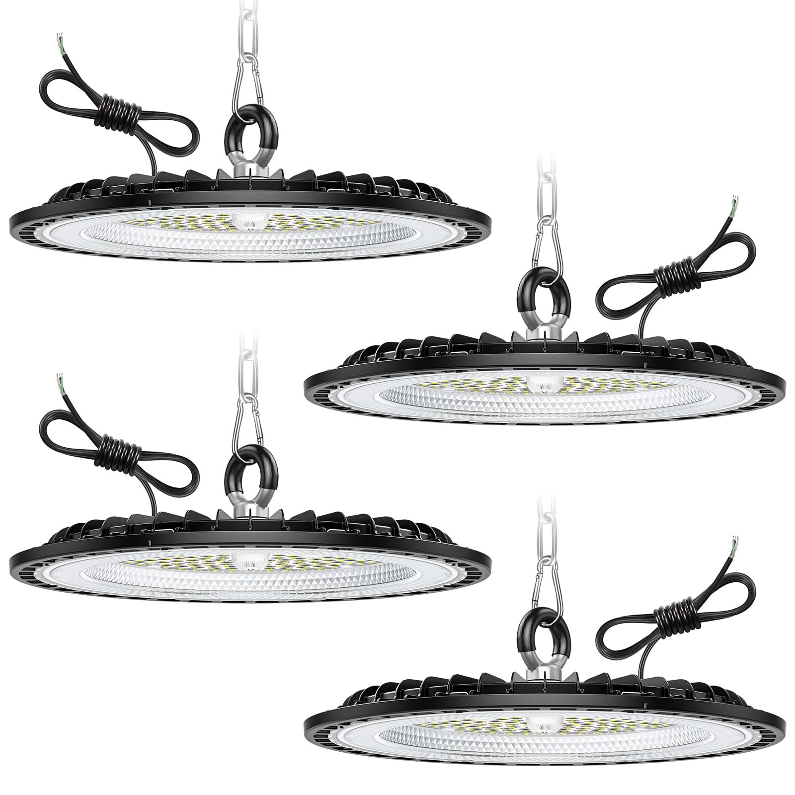 4 Pack 150W UFO LED Lámpara de Alta Bahía, 22500LM Focos Led Interior Techo, 6000K Blanco Frío Iluminación de Almacén, IP65 Impermeable Lampara Industrial Para Patio, Garaje, Fábrica, Taller