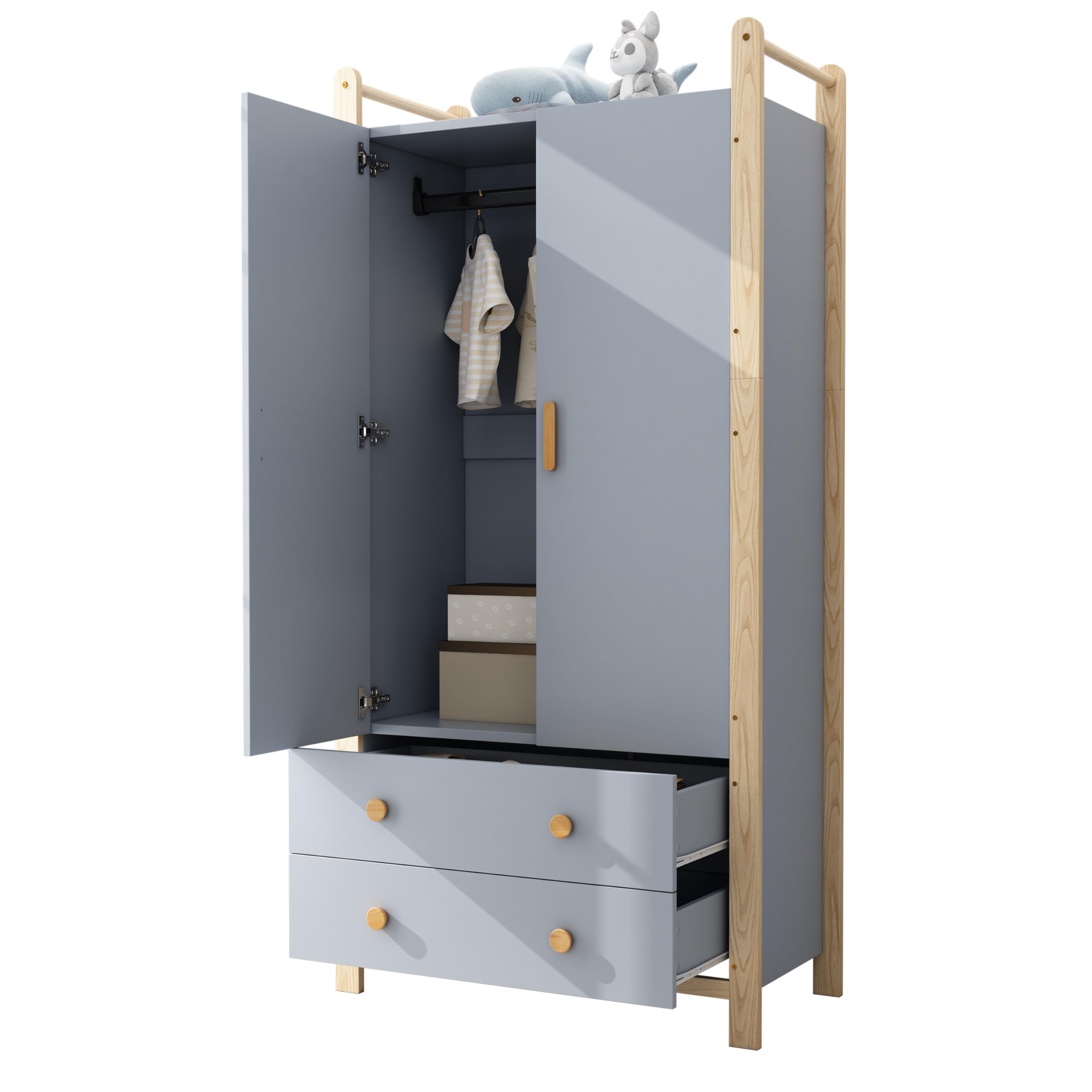 Armario para Niños con 2 Puertas y 2 Cajones 180x90x45 cm Armario Ropero de Madera con Barra para Colgar, Ropero Estrecho Moderno para Dormitorio, Salón, Perchero de Pasillo, Azul y Natural