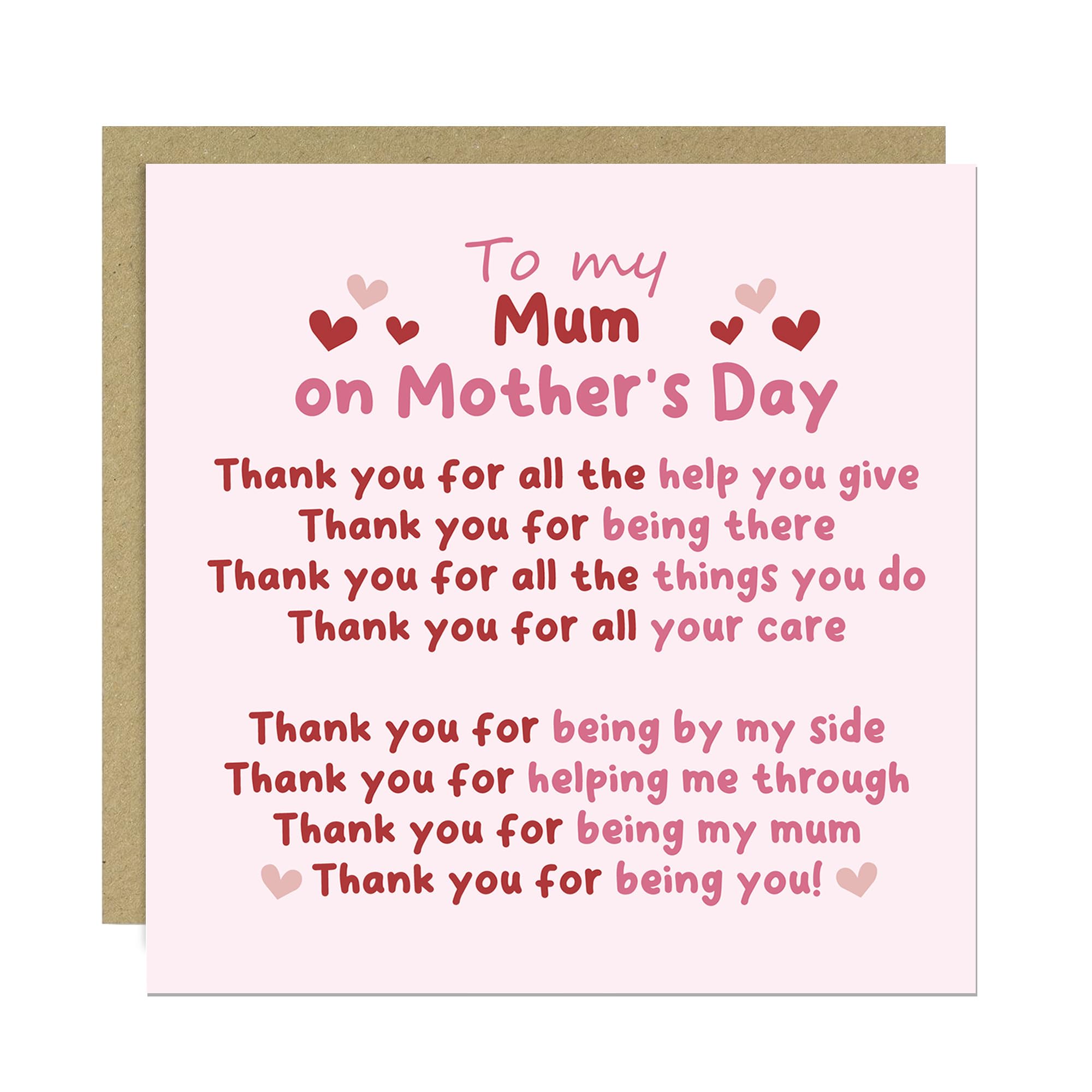RED OCEAN Thank You Card For Mum For Mothers Day, Thank You Being Card, Poem Mum, Mothers Day With Envelope, Greetings, From Daughter Son