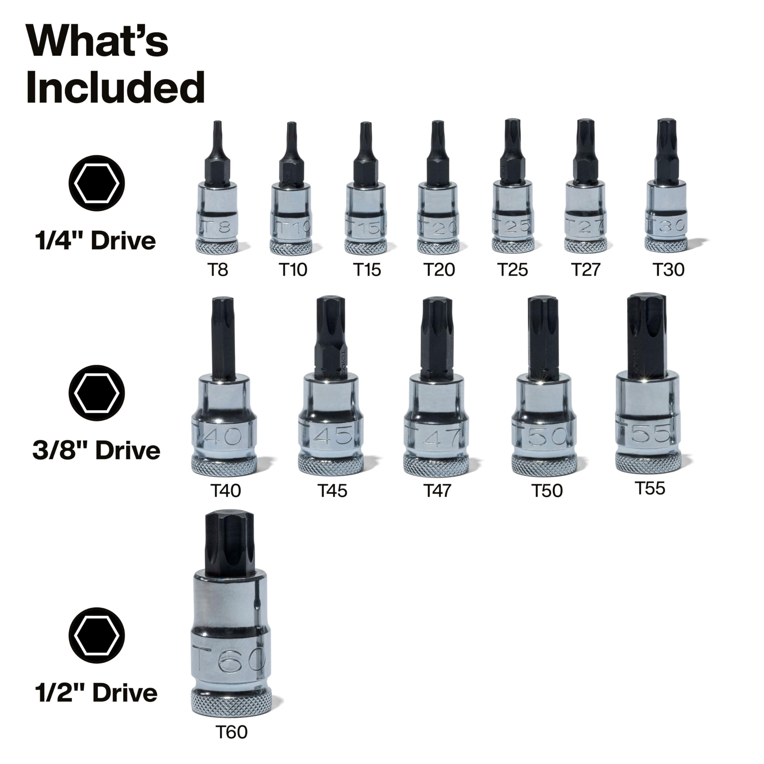 Klein Tools 65213TX zestaw nasadek bitowych TORX, T8 toT60, napędy 1/4, 3/8 i 1/2-calowe, stal Cr-V, obudowa MODBox, 13-częściowy