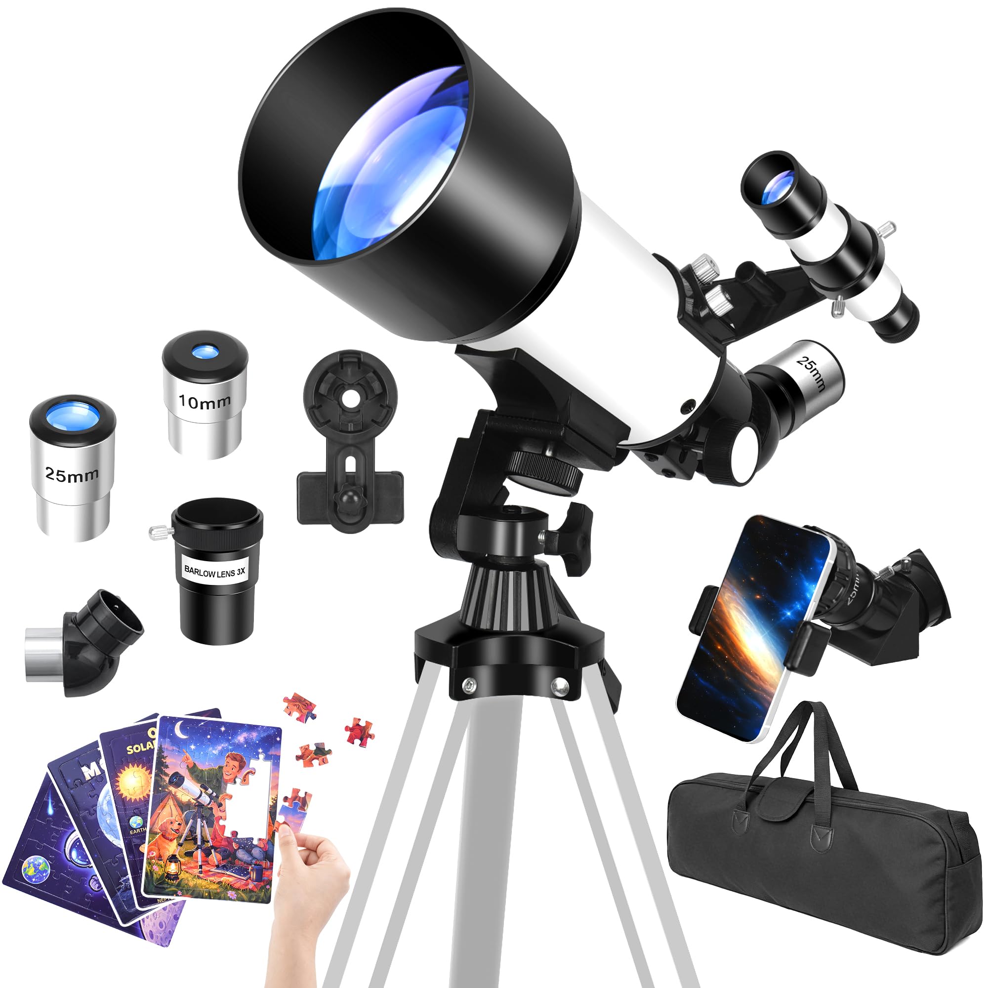 Telescopio Refractor 70/400 para Niños y Principiantes, Telescopio Astronómico Portátil con Trípode, 2 Oculares, Bolsa y 4 Puzzles Educativos de Ciencias para Observar Luna y Estrellas