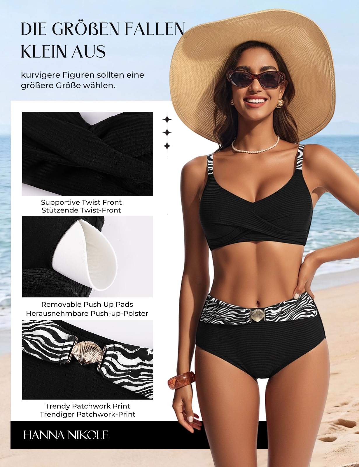 Hanna Nikole Ensemble bikini pour femme, maillot de bain pour femme, ventre plat, texturé taille haute, haut de bikini push-up avec bas de bikini rétro, maillot de bain 2 pièces avec design torsadé