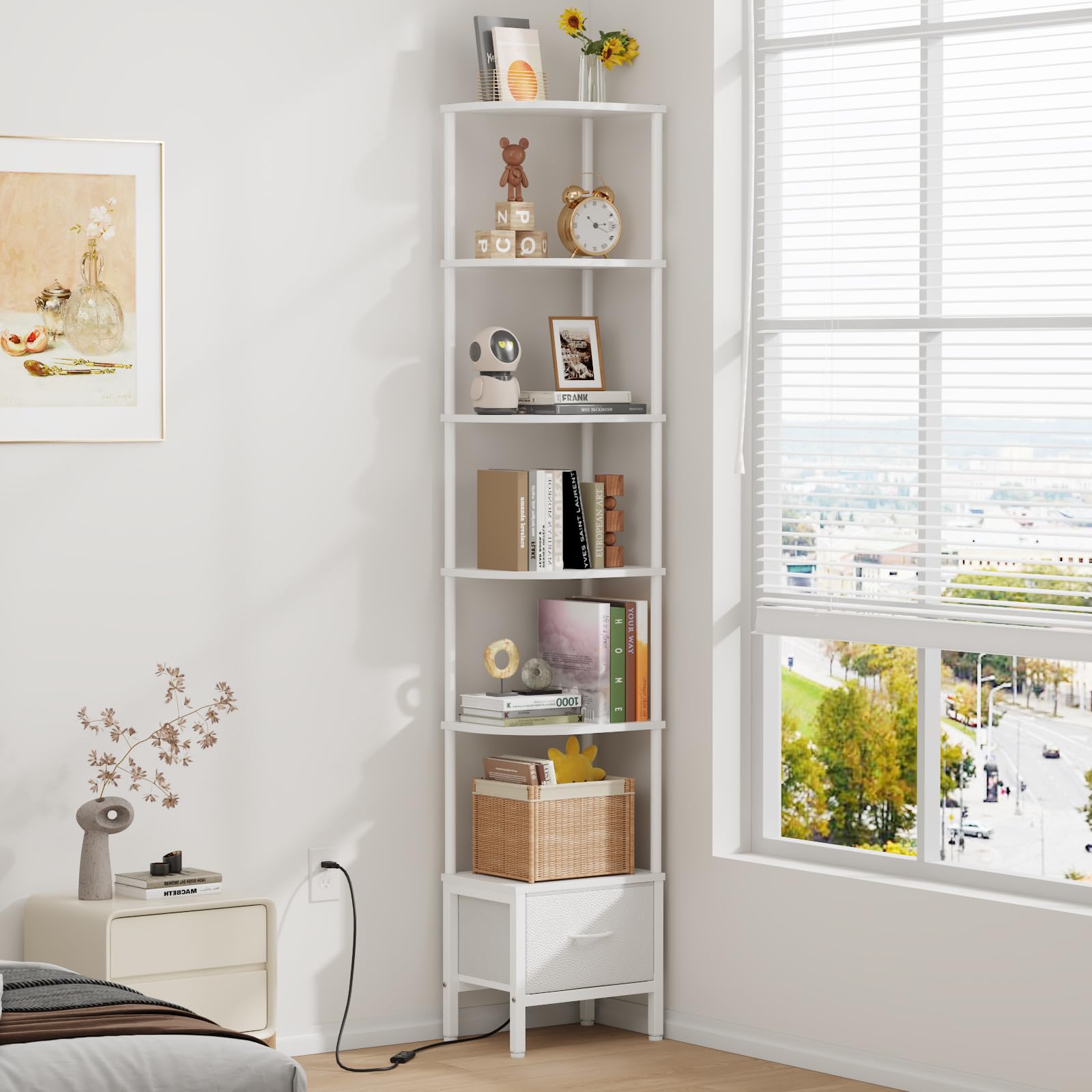 Eckregal mit LED-Beleuchtung, 6 Ebenen und Stoffschublade, 191 cm hoch, für Wohnzimmer, Schlafzimmer, Büro - Weiß