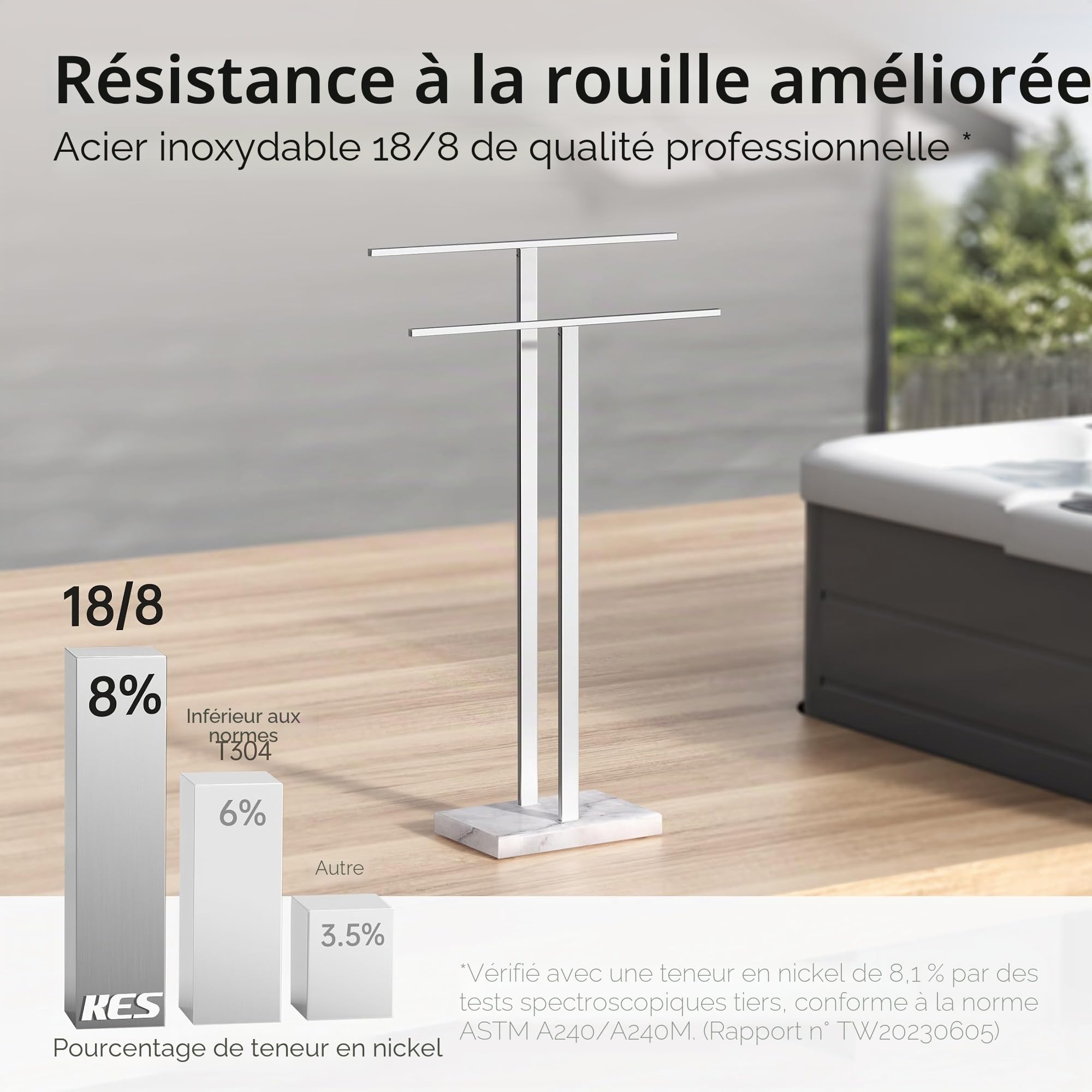 KES Porte-Serviettes sur Pied Porte-Serviettes à 2 Niveaux avec Base en marbre pour Plancher de Salle de Bain Acier Inoxydable SUS304 Poli, BTH217